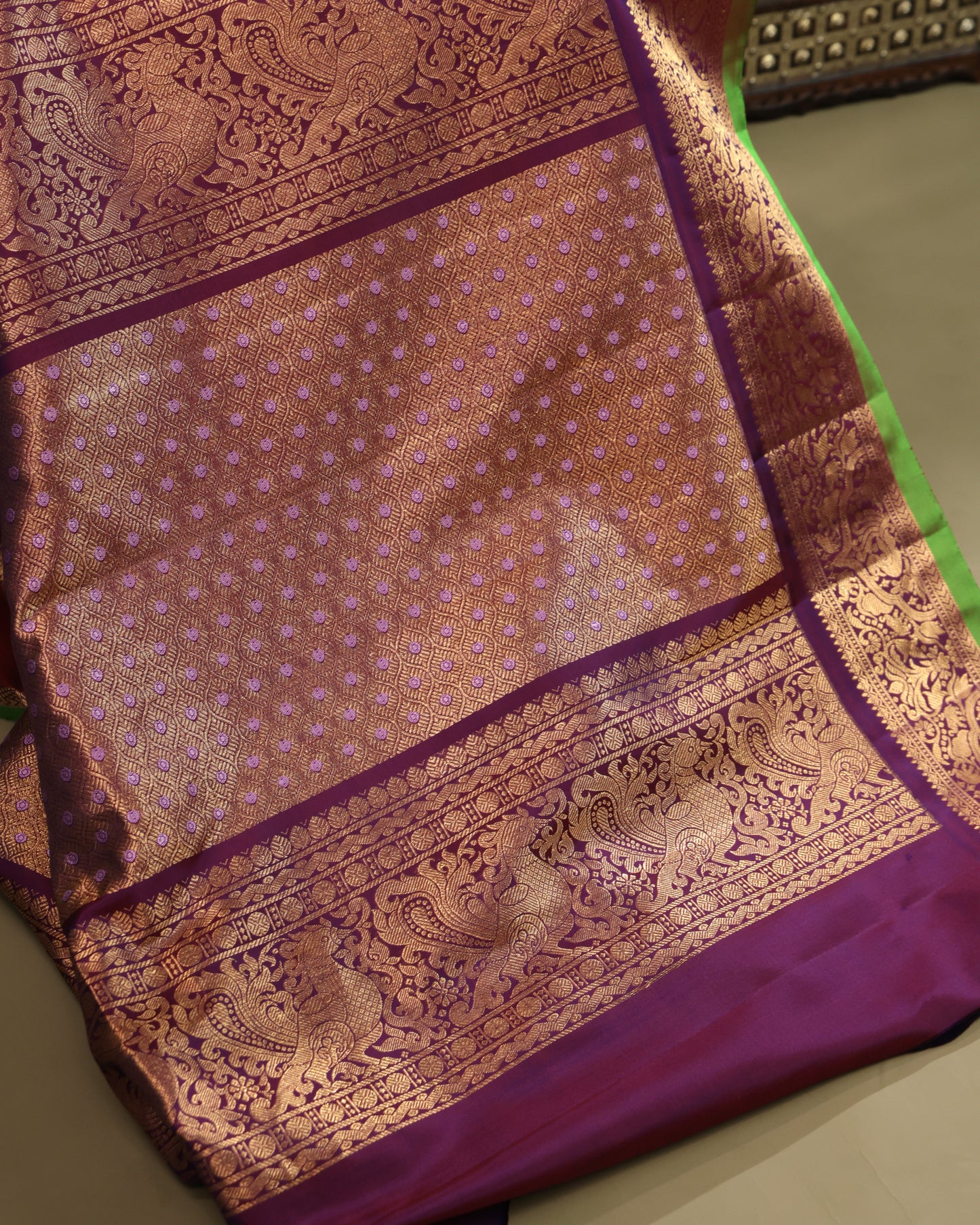 Pink Gadwal Silk Saree with Purple Zari Border and Green Selvedge