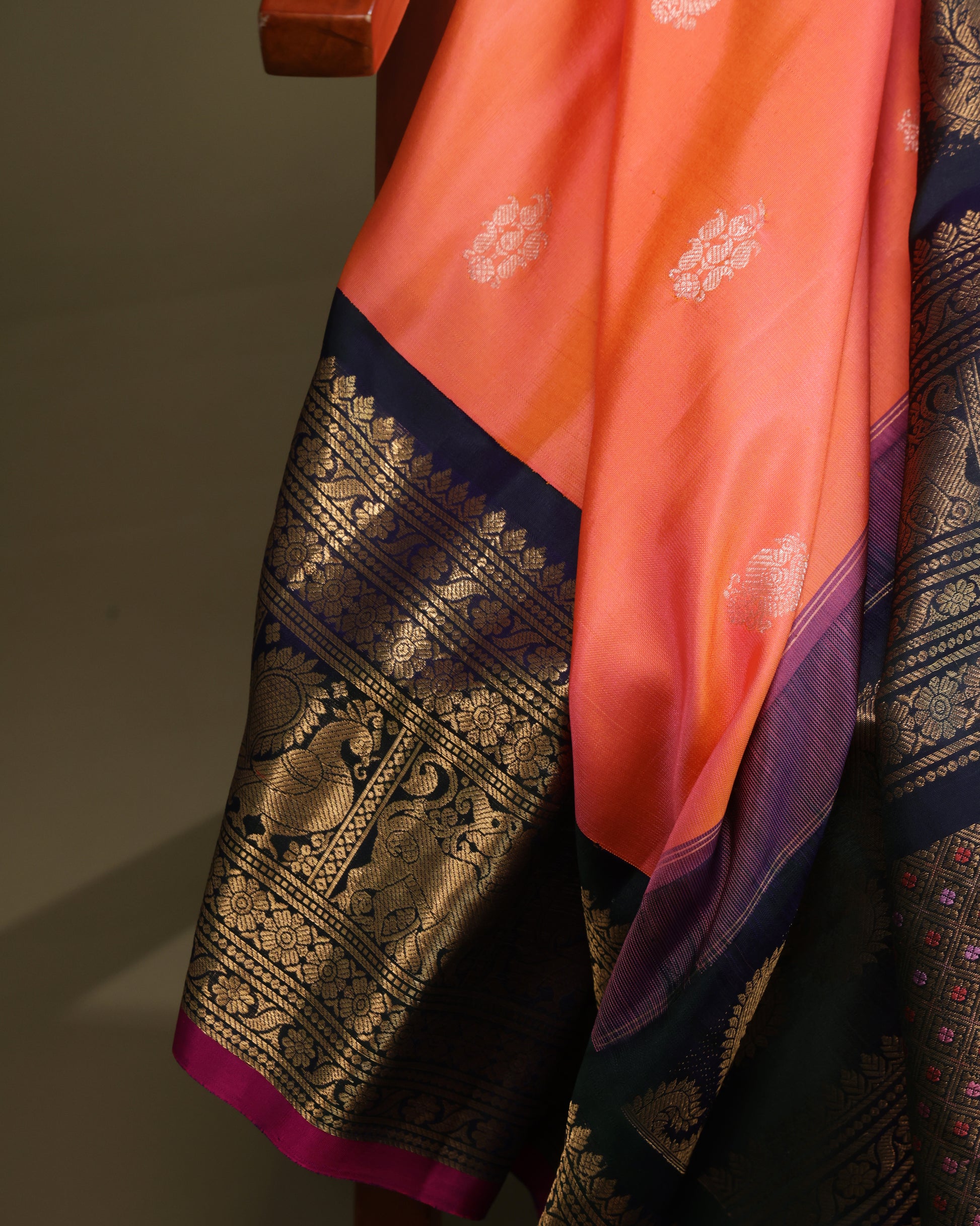 Coral Gadwal saree with zari buttas and rich zari pallu