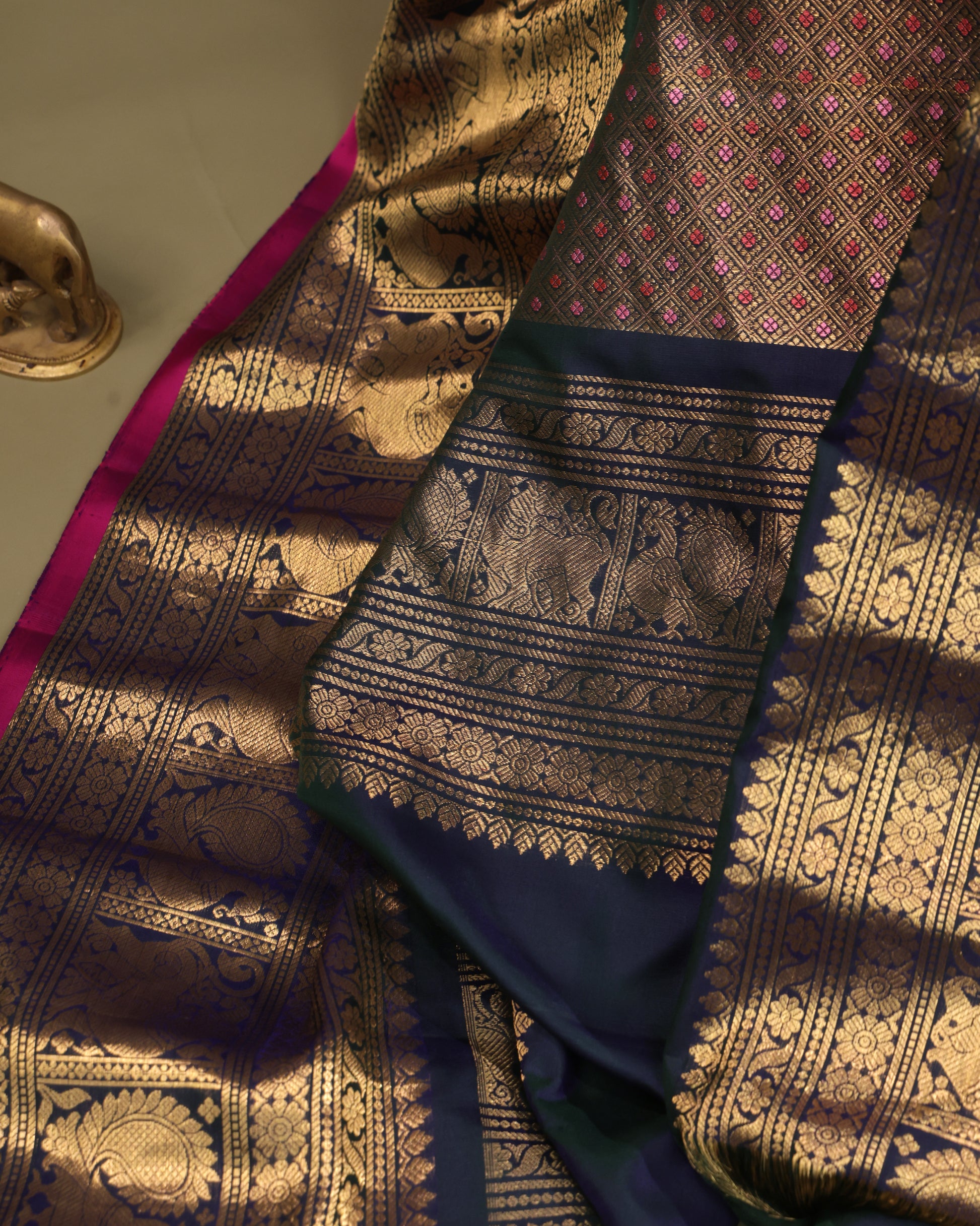 Wedding wear coral Gadwal silk saree with navy border and pink selvedge