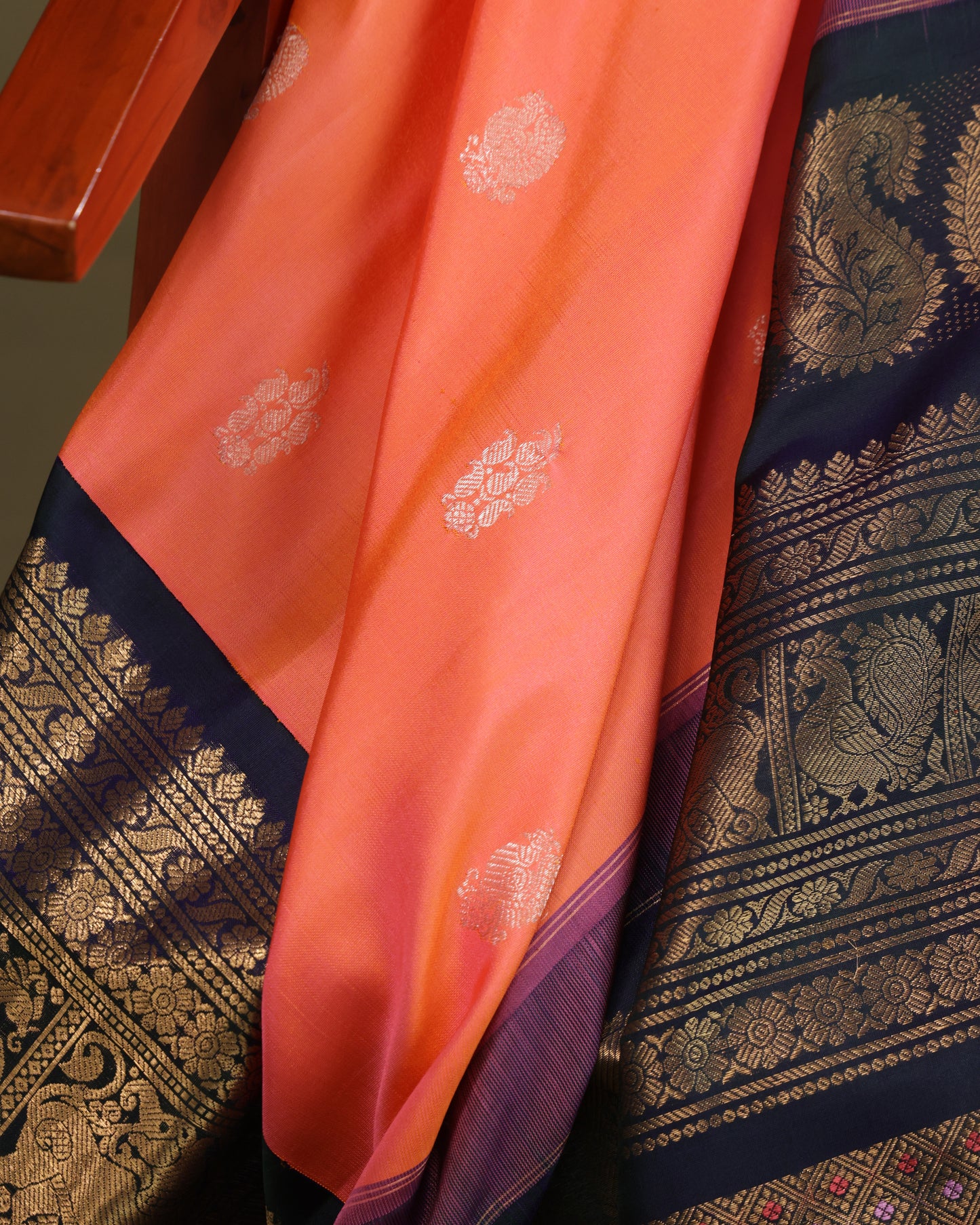 Coral Gadwal Silk Saree with Navy Blue Zari Border and Pink Selvedge