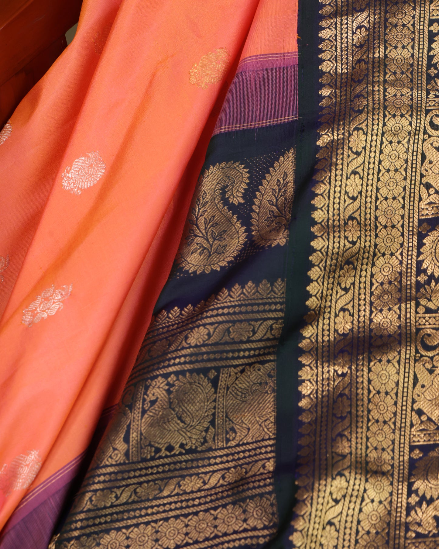 Coral Gadwal Silk Saree with Navy Blue Zari Border and Pink Selvedge