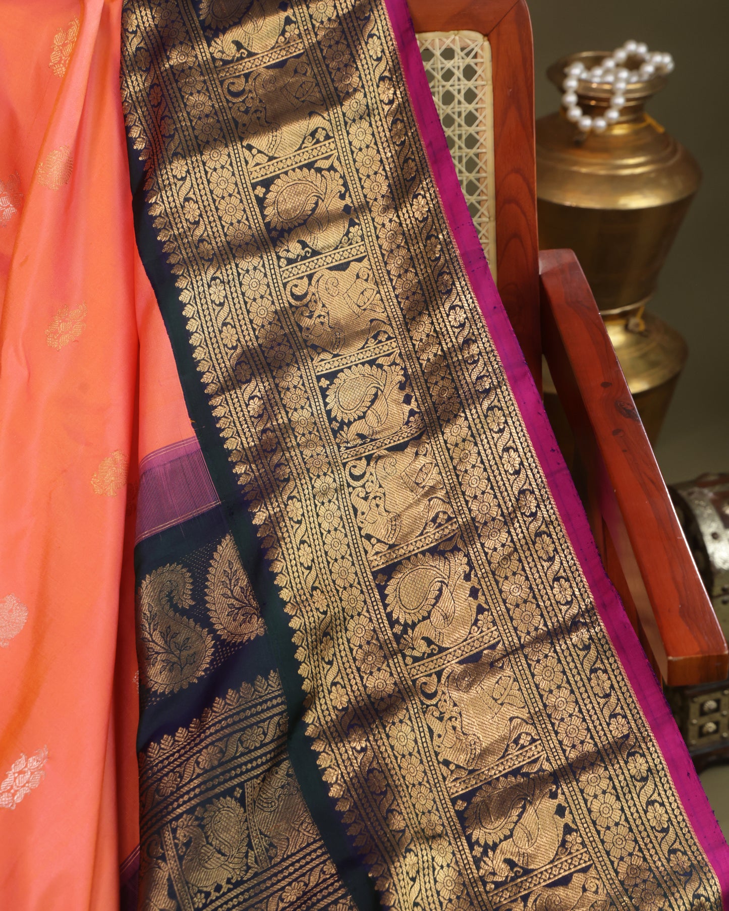 Coral Gadwal Silk Saree with Navy Blue Zari Border and Pink Selvedge