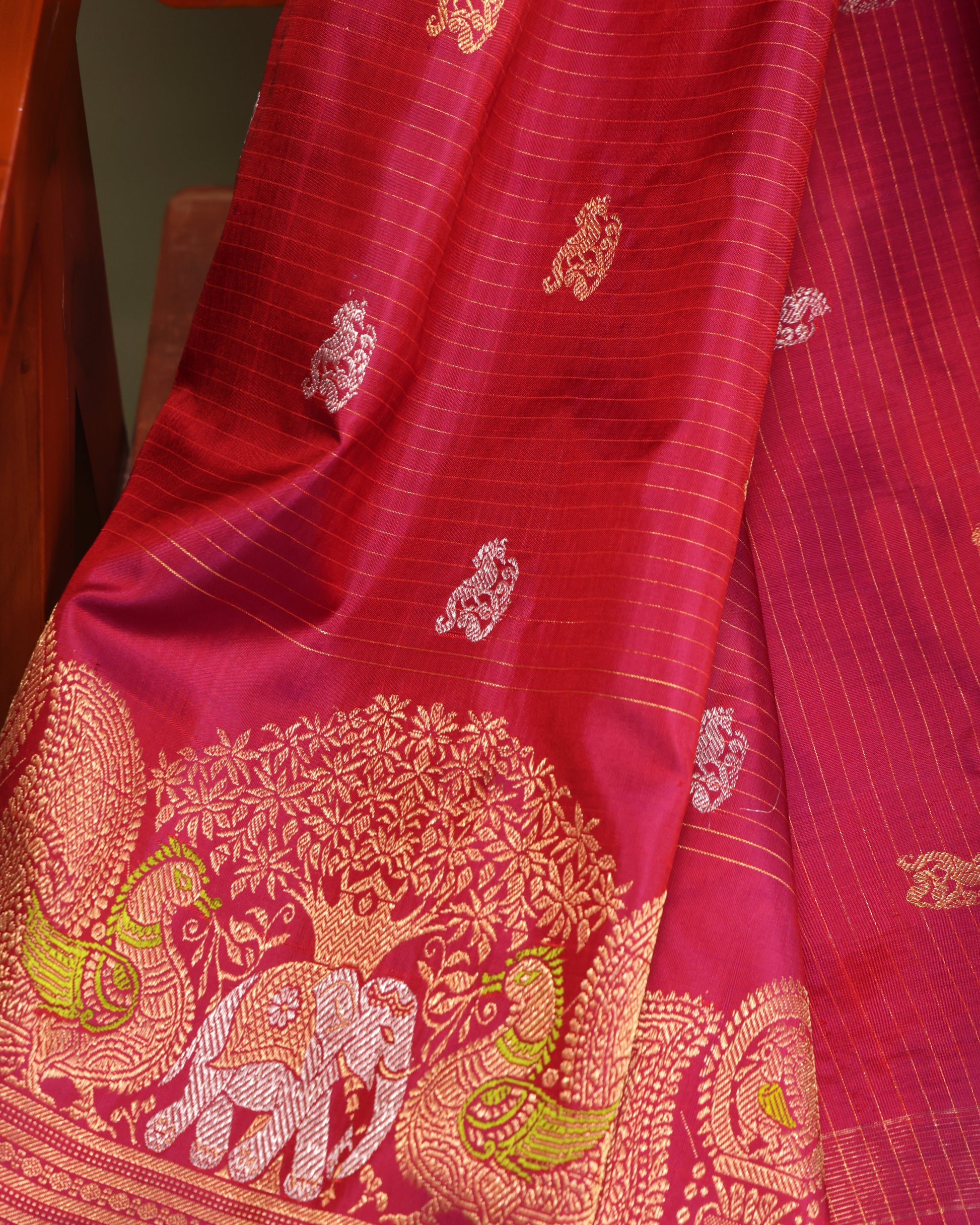 Pure Gadwal silk saree in red with grand zari pallu