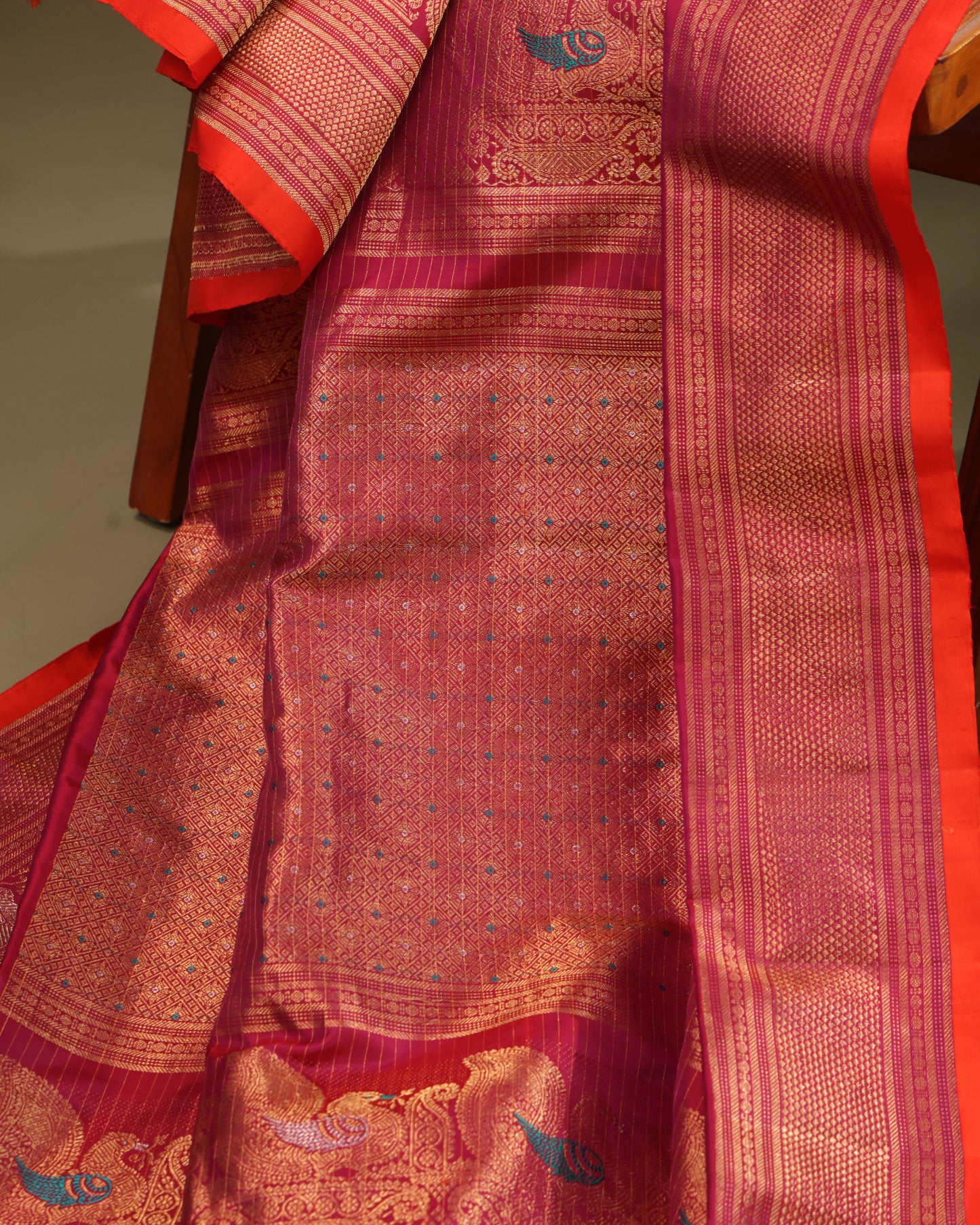 Red Gadwal Silk Saree with Elephant & Peacock Zari Motifs and Contrast Orange Blouse