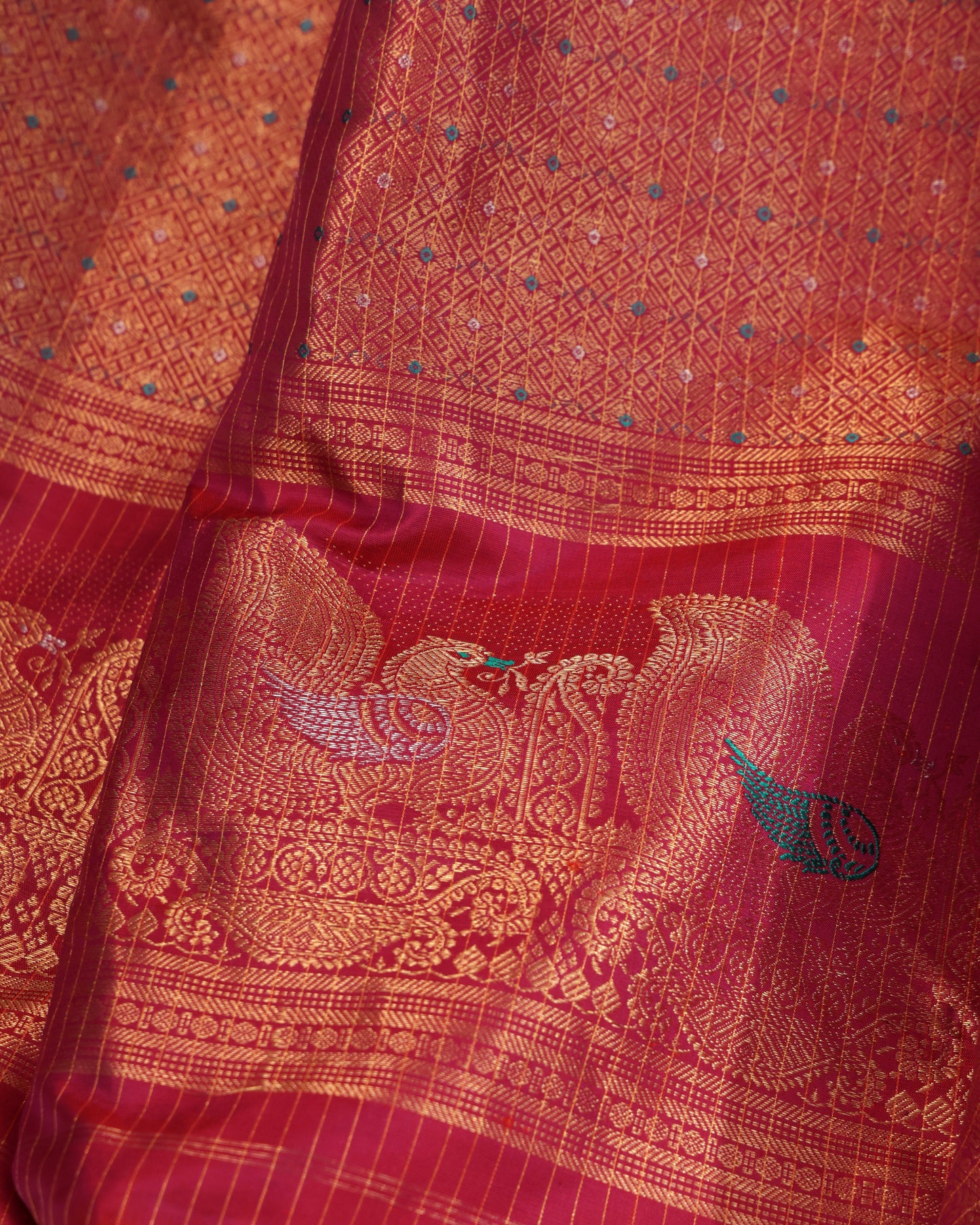 Red Gadwal Silk Saree with Elephant & Peacock Zari Motifs and Contrast Orange Blouse