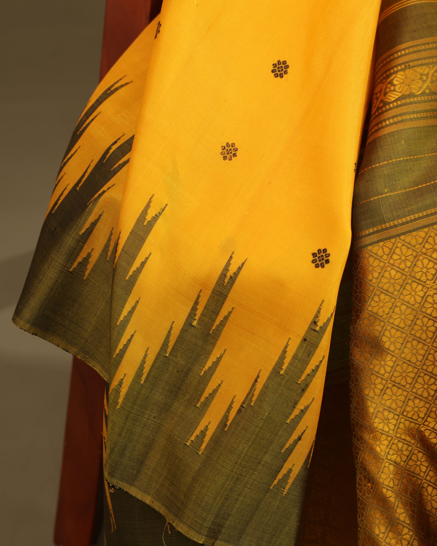 Gadwal Silk Saree in Mustard Yellow with Olive Green Temple Border
