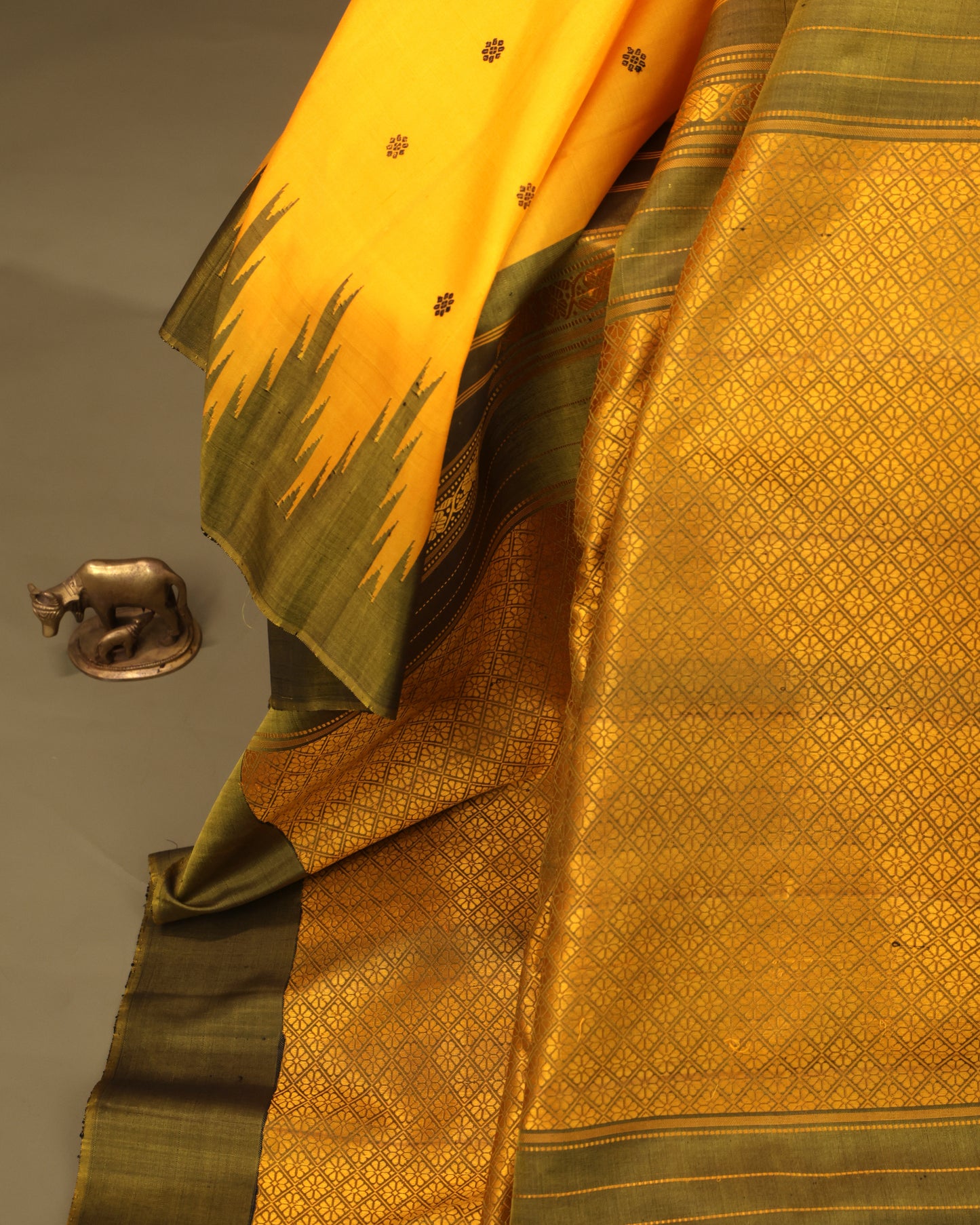 Gadwal Silk Saree in Mustard Yellow with Olive Green Temple Border