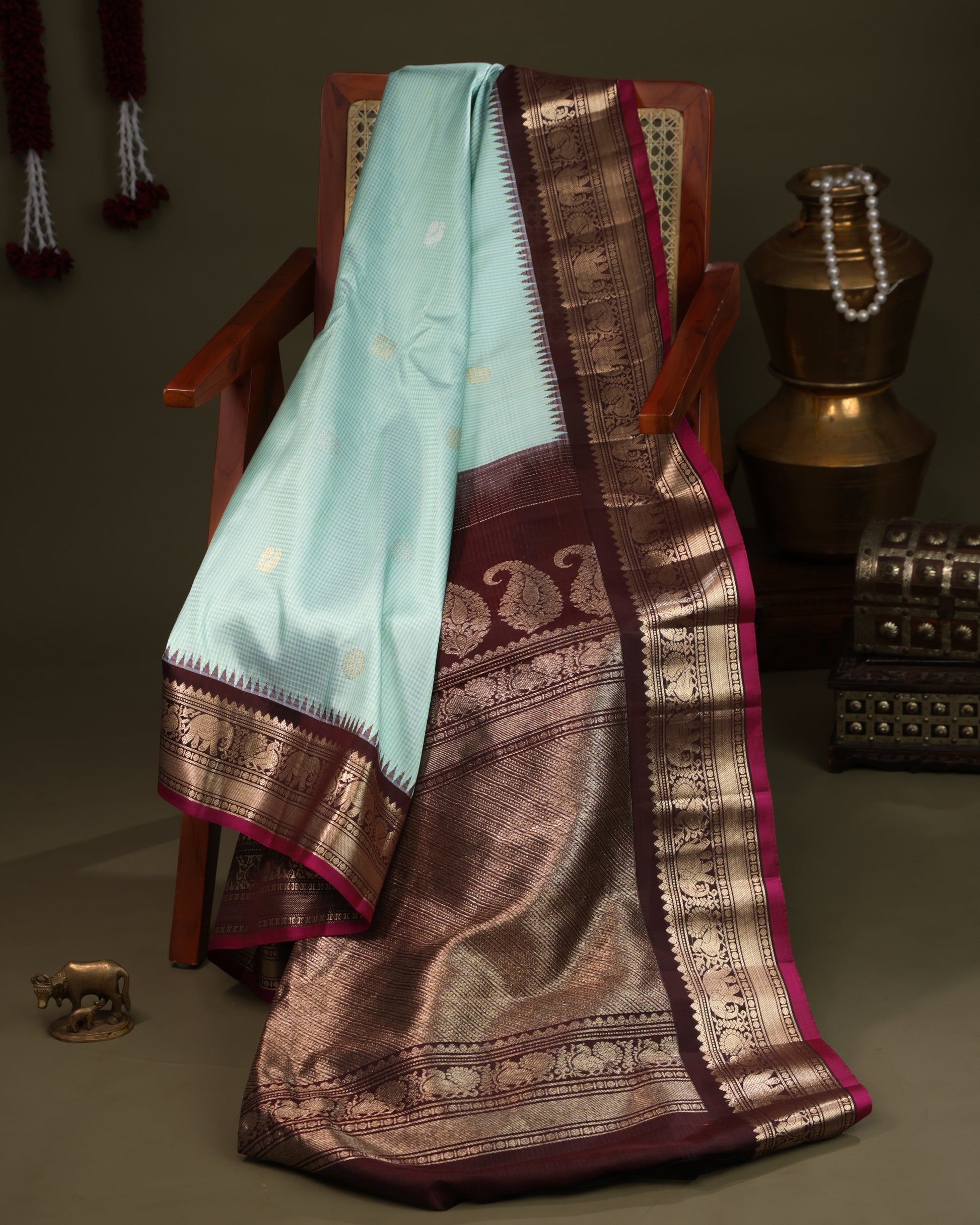 Traditional Gadwal silk saree in sea green with gold zari work