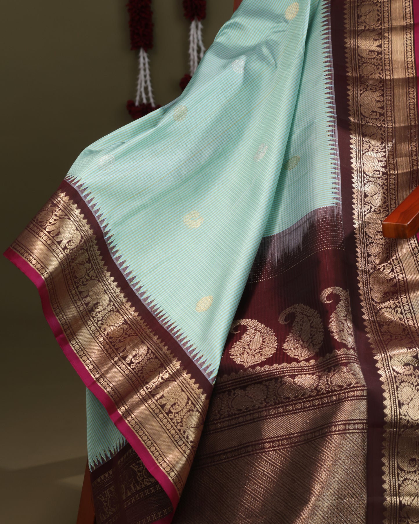 Sea Green Gadwal Silk Saree with Coffee Brown Zari Border