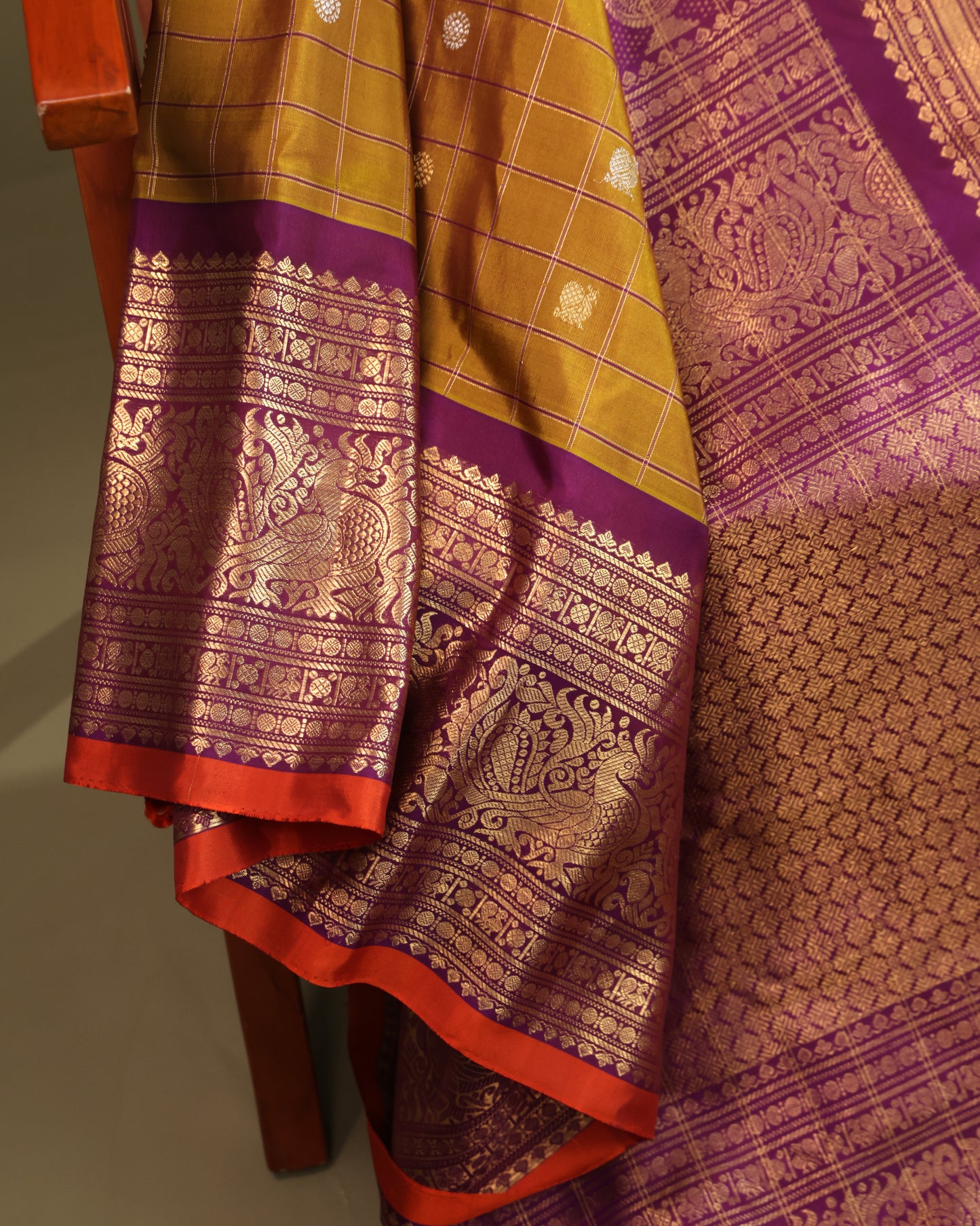 Mustard Yellow Gadwal Saree Featuring Checked Weave and Silver-Gold Buttas