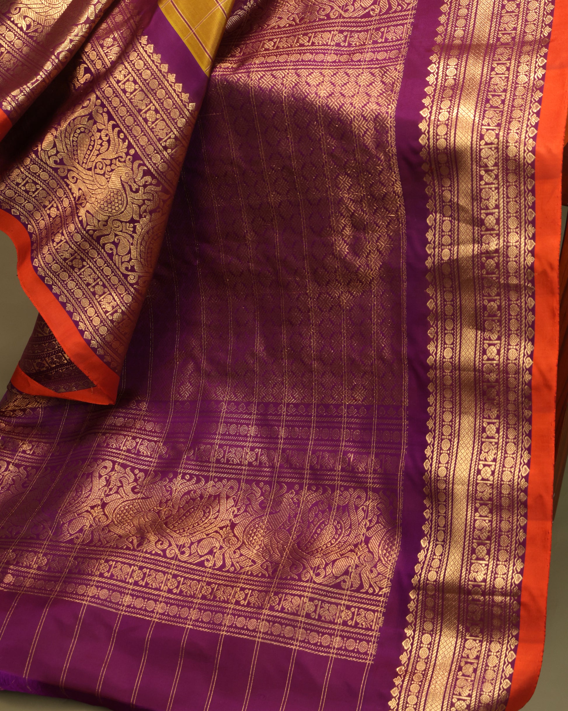Elegant Gadwal Saree with Mustard Body and Rich Purple Kanchi Zari Pallu