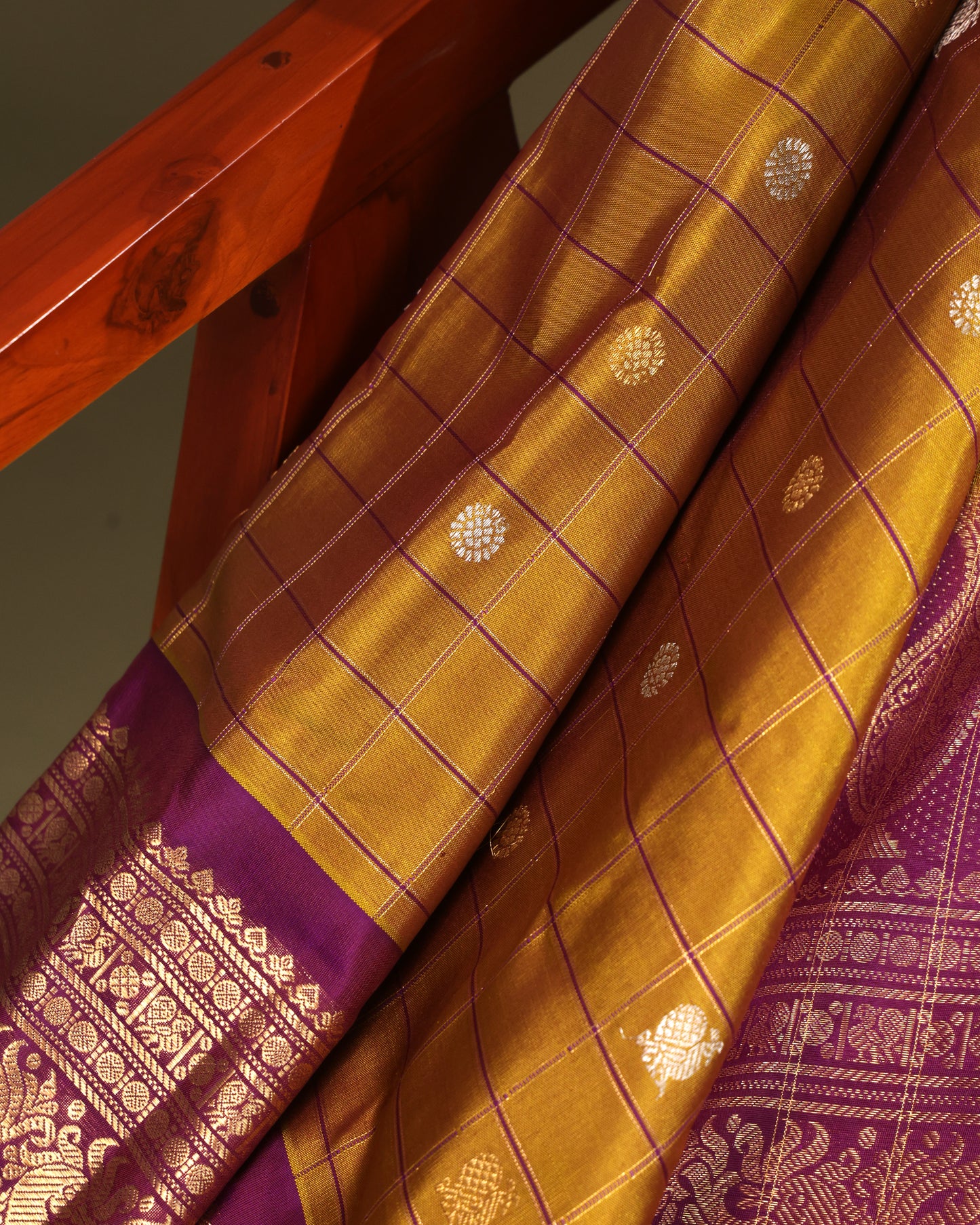 Mustard Gadwal Silk Saree with Intricate Peacock Motifs and Traditional Kanchi Weave