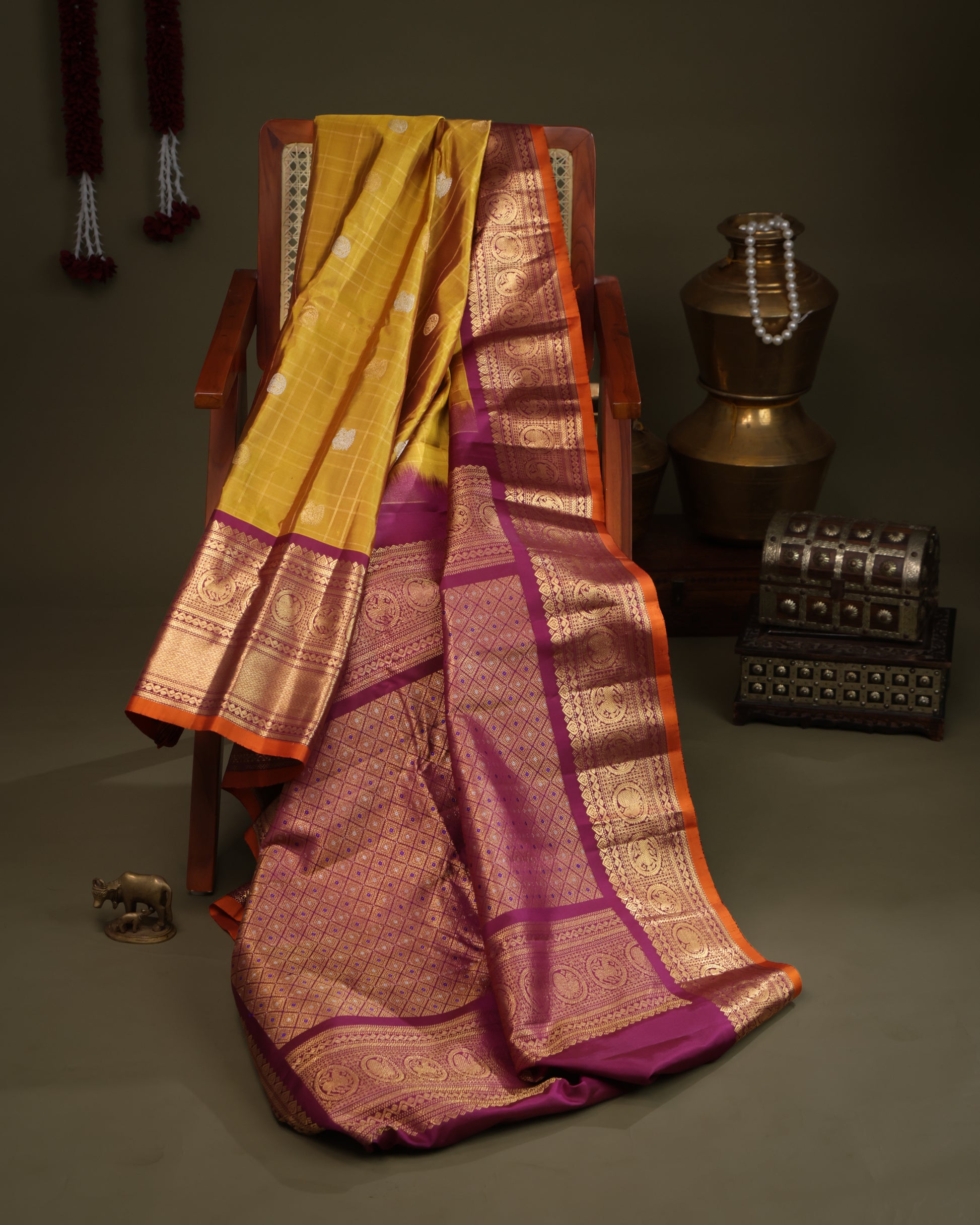 Gadwal Silk Saree in Mustard Yellow with Contrast Purple Border and Pallu