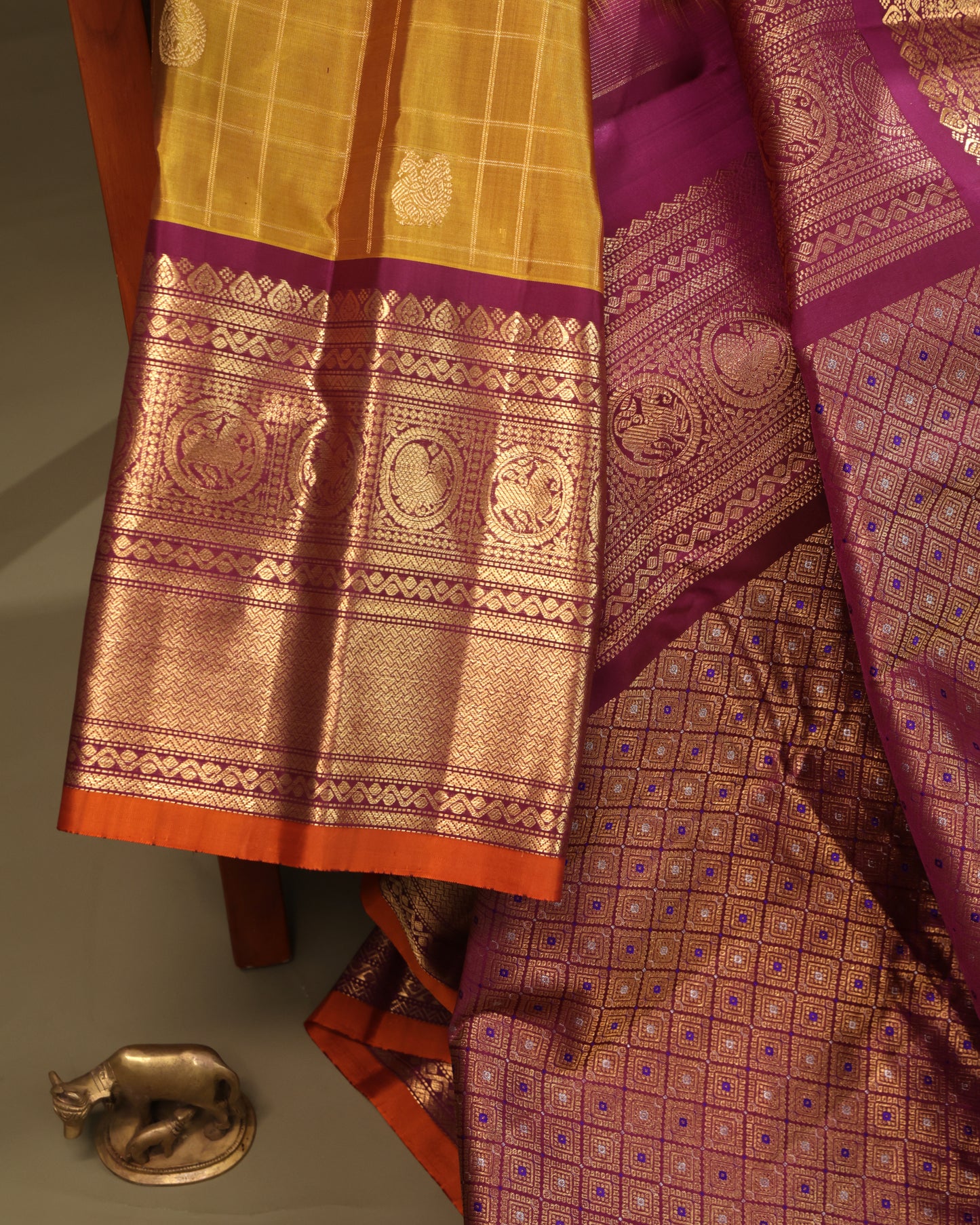South Indian Silk Saree with Mustard Body and Intricate Kanchi Weaving