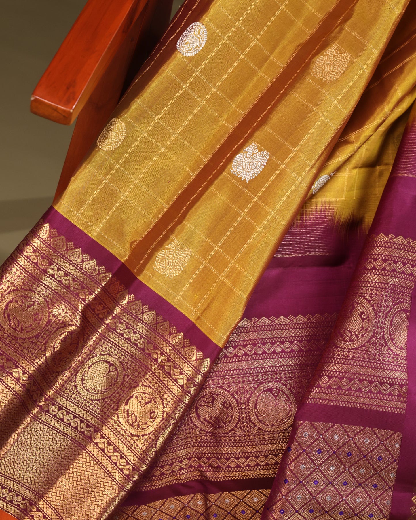 Mustard Yellow Handloom Silk Saree with Classic Purple Border and Traditional Craft