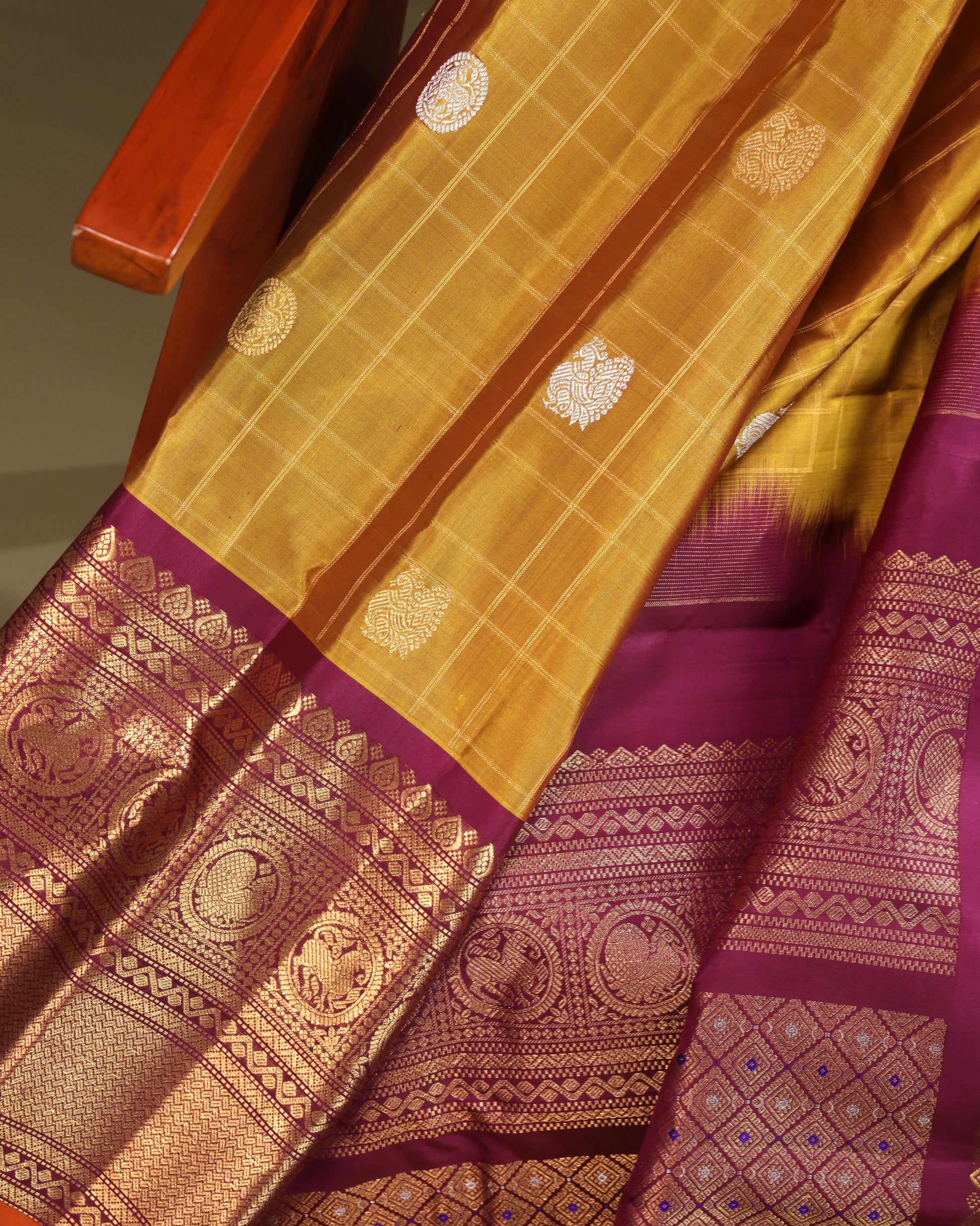 Mustard Yellow Handloom Silk Saree with Classic Purple Border and Traditional Craft