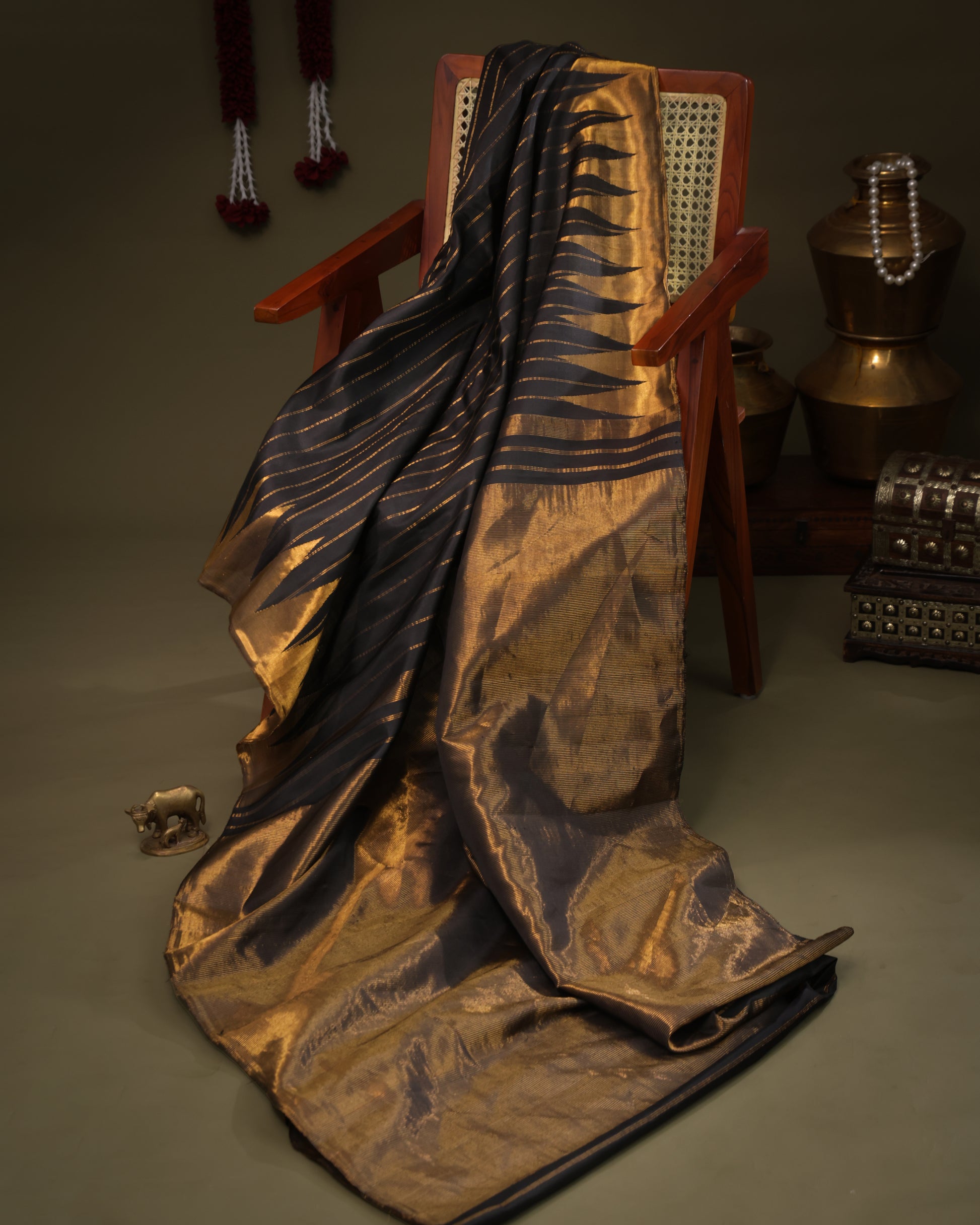 Handwoven Gadwal Saree in Black with Rich Gold Border