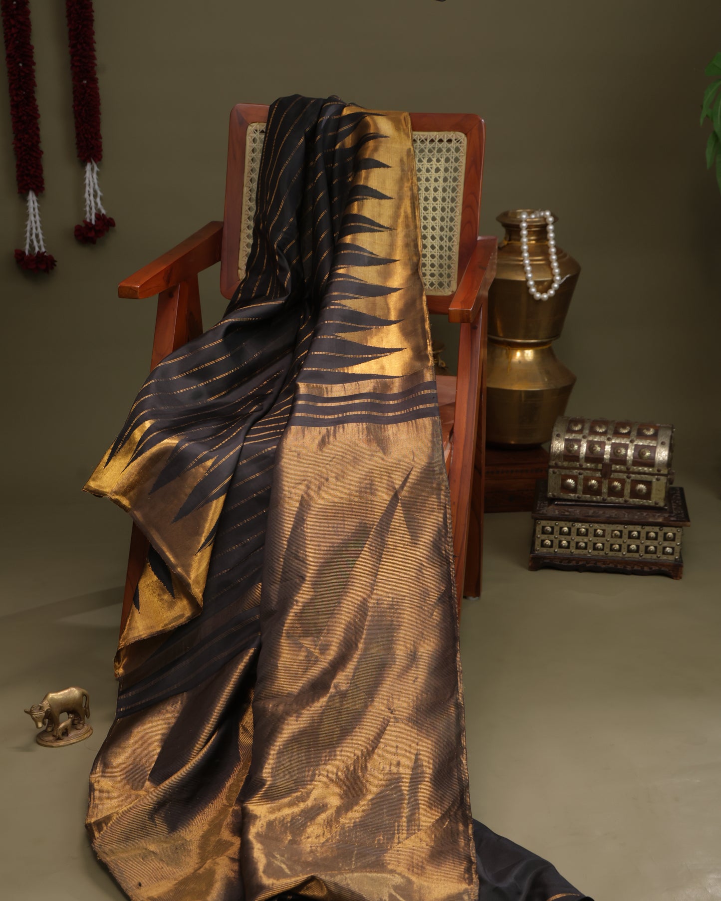 Black Handloom Gadwal Saree with Gold Zari Temple Design