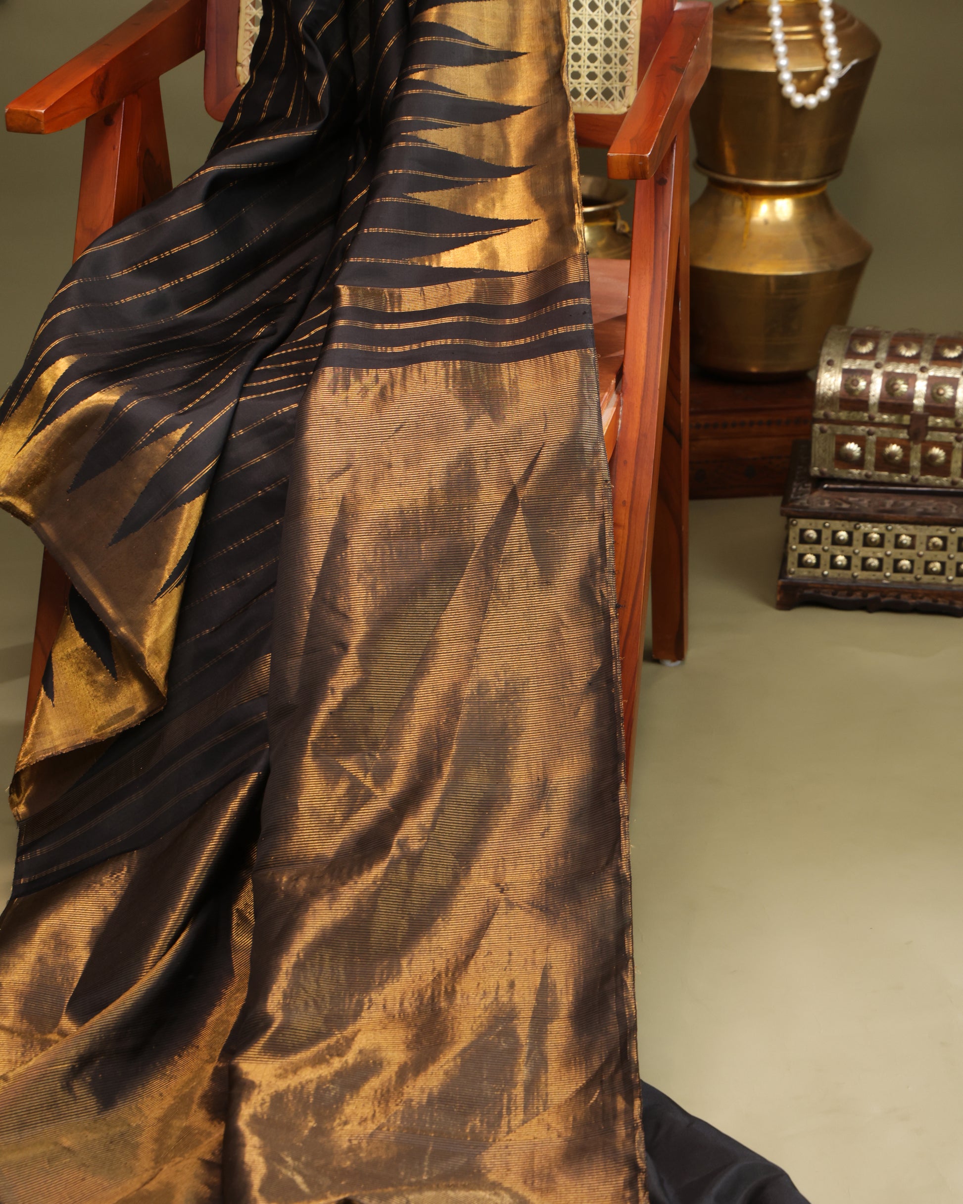 Black and Gold Gadwal Silk Saree for Festive or Wedding Wear