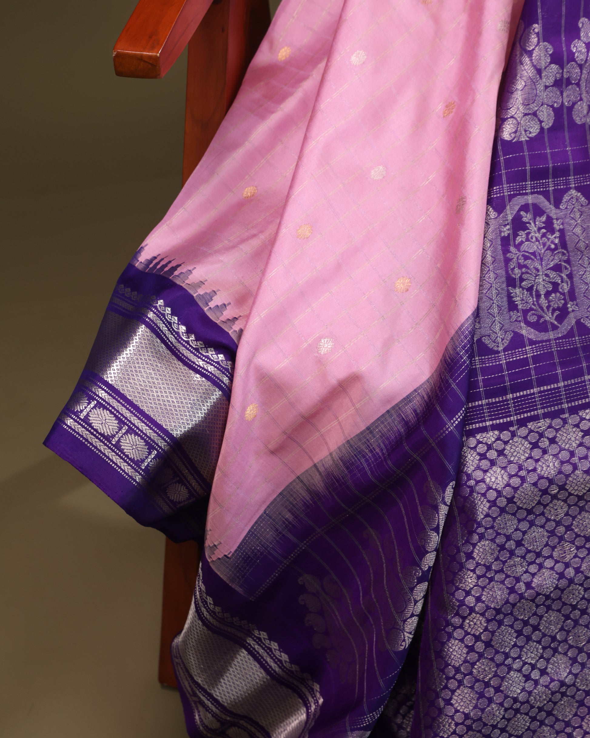 Traditional Gadwal silk saree with pink body and purple silver border