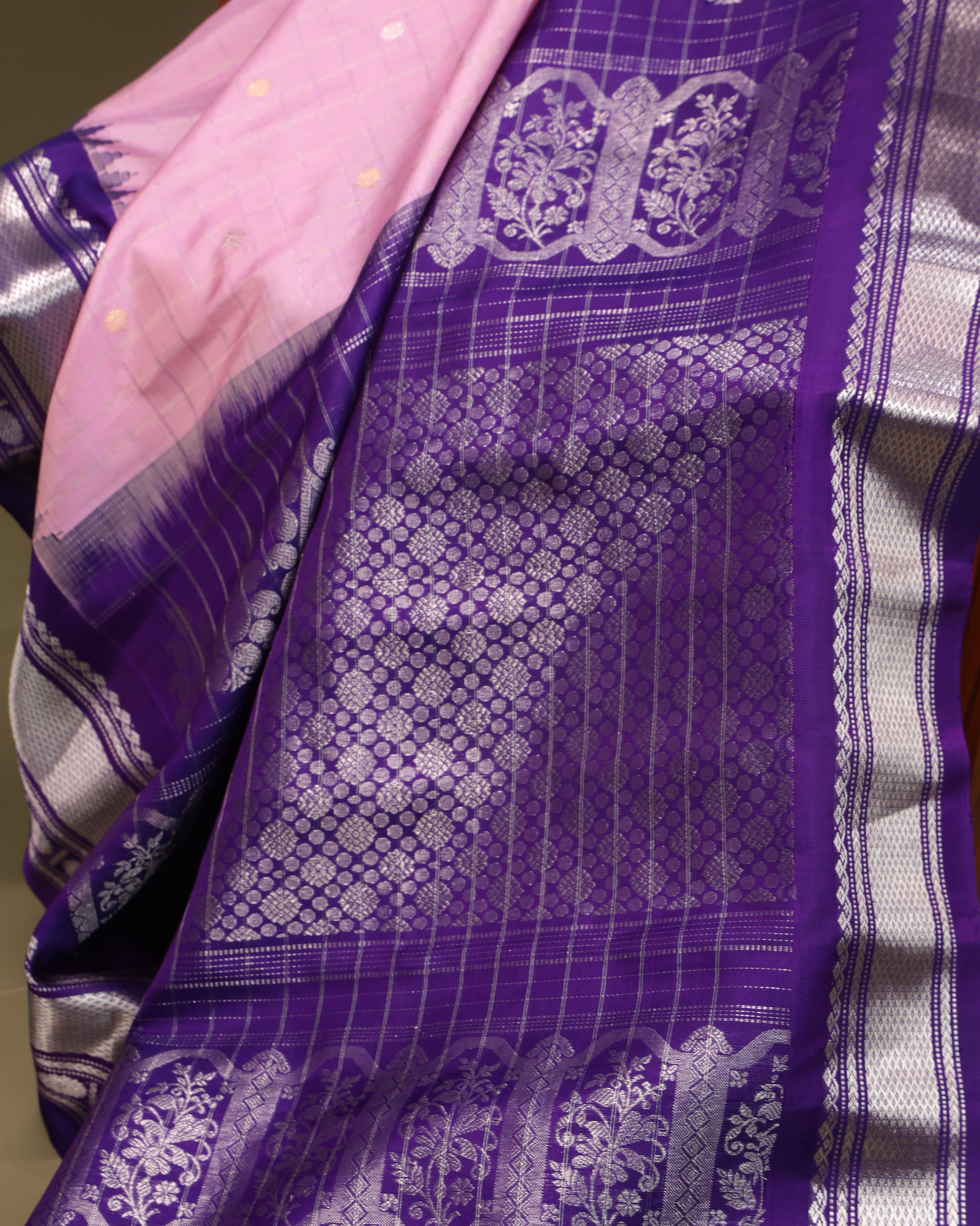 Wedding wear pink Gadwal saree with purple border and silver zari