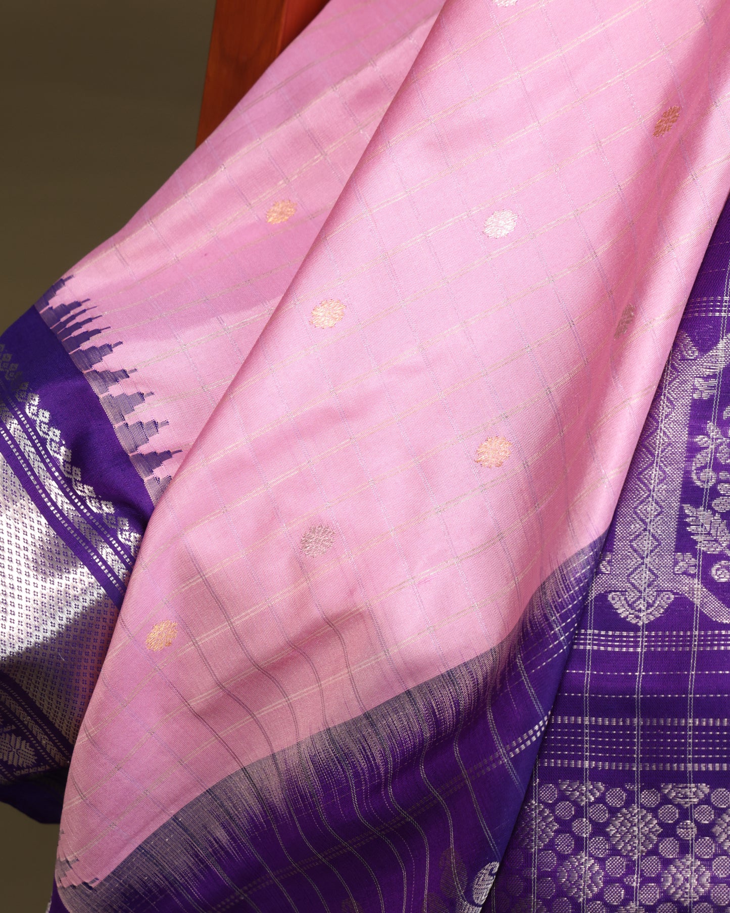 Light Pink Gadwal Silk Saree with Purple Silver Zari Border