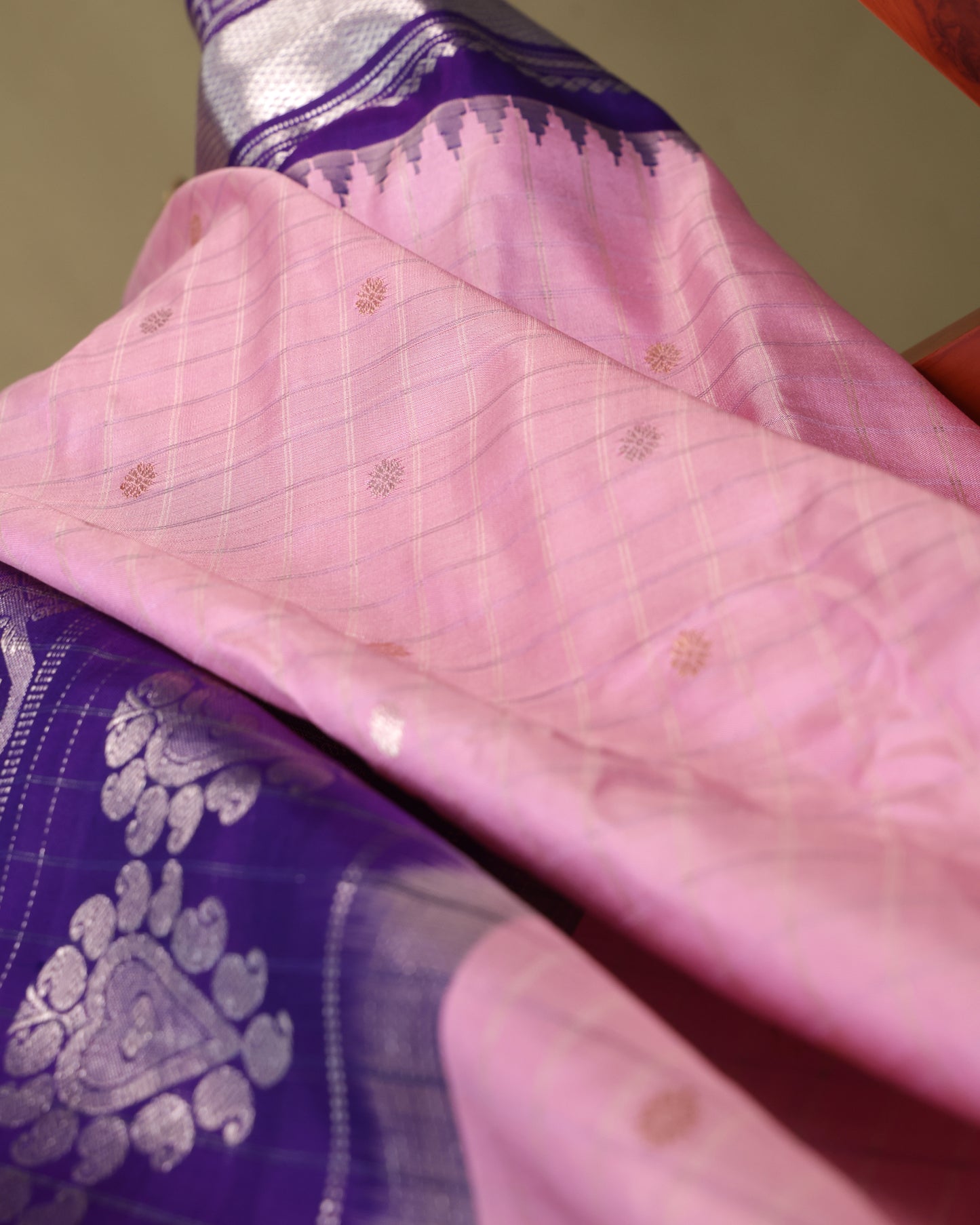 Light Pink Gadwal Silk Saree with Purple Silver Zari Border