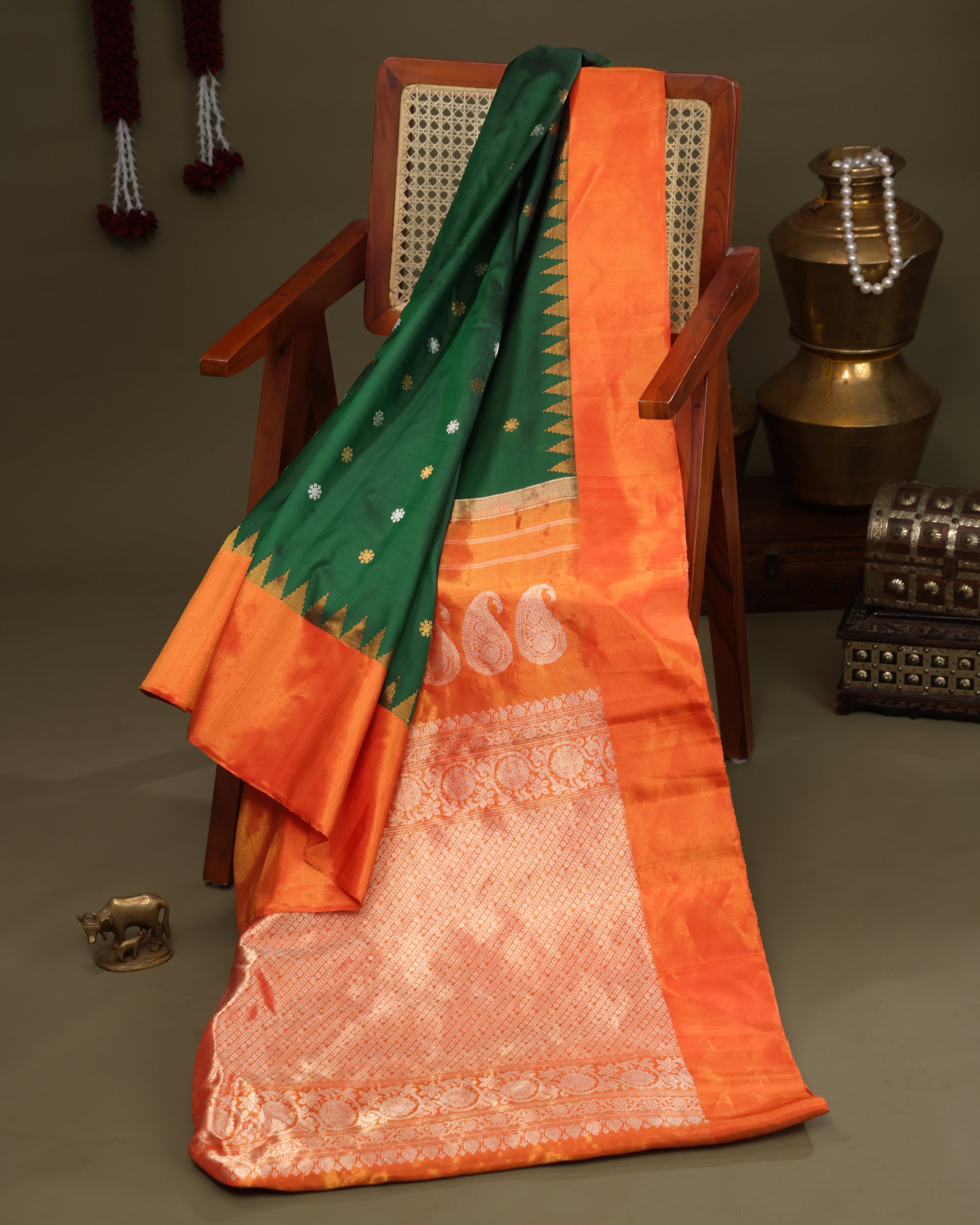 Handwoven green Gadwal saree with zari buttas and tissue border
