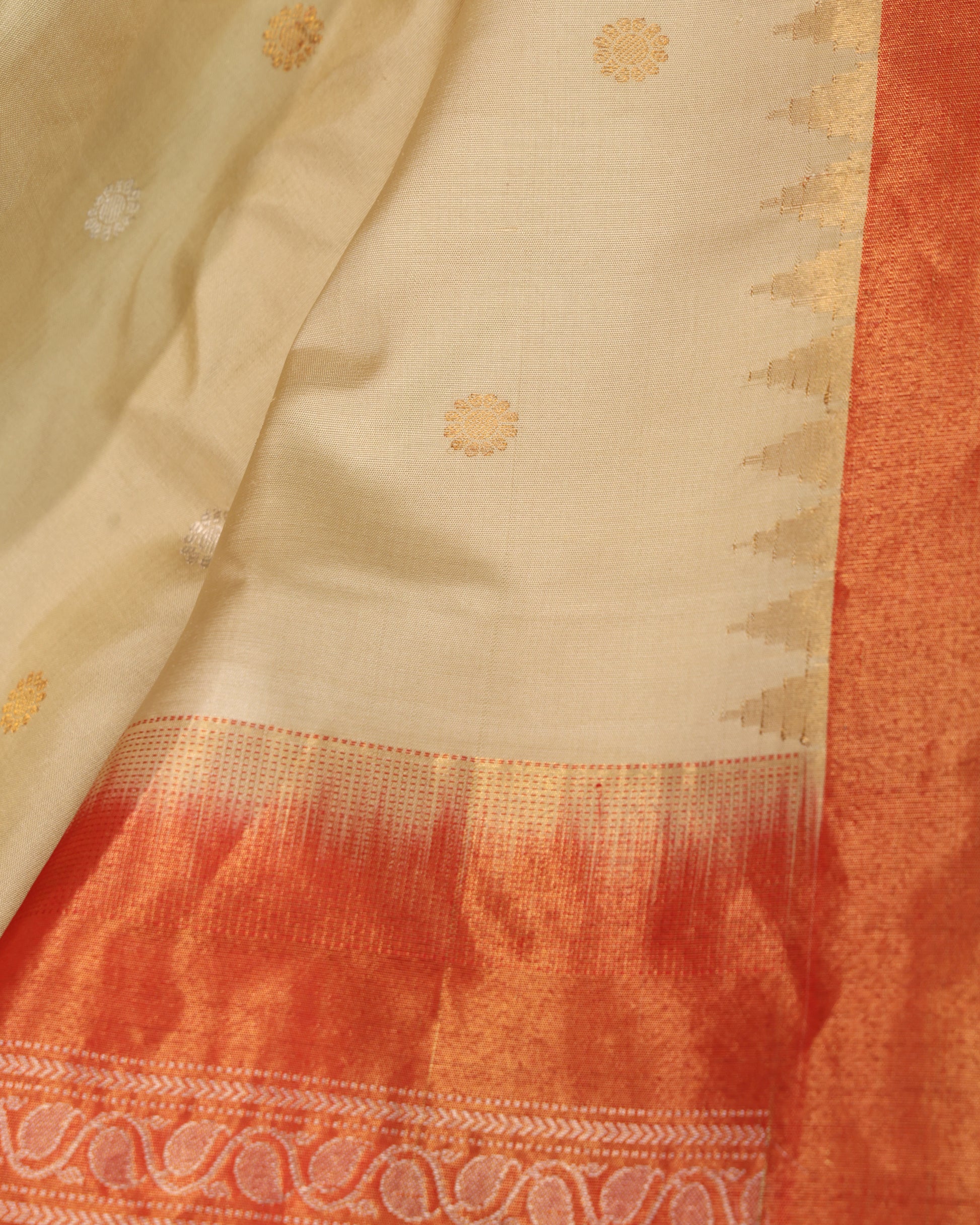 Traditional Gadwal saree with cream body and orange zari border