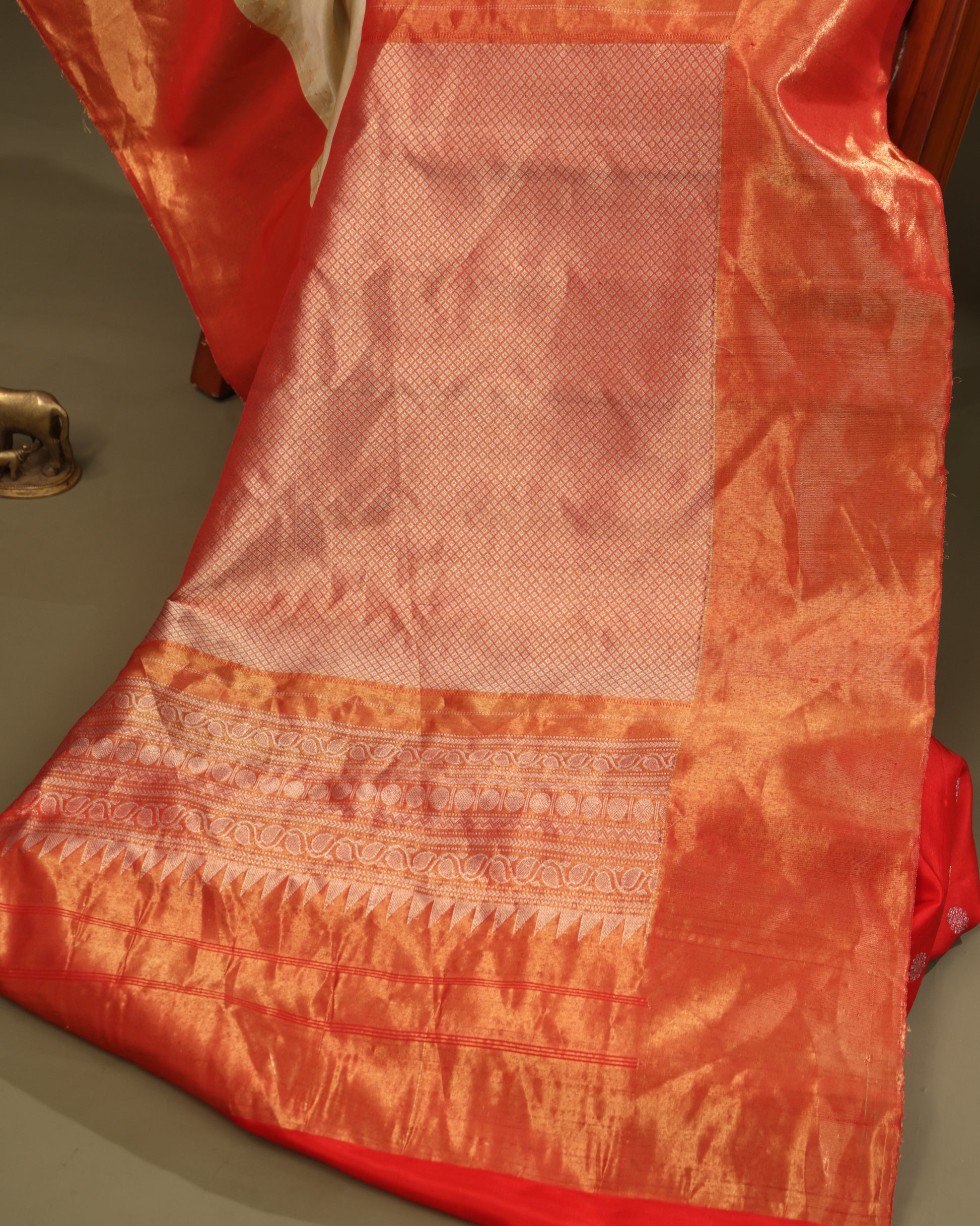 Festive cream Gadwal silk saree with rich orange border