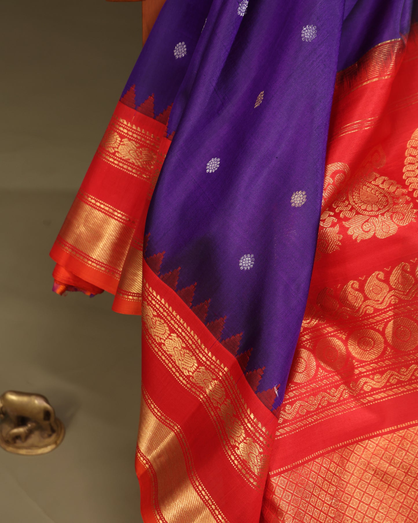 Wedding wear purple Gadwal silk saree with temple motifs