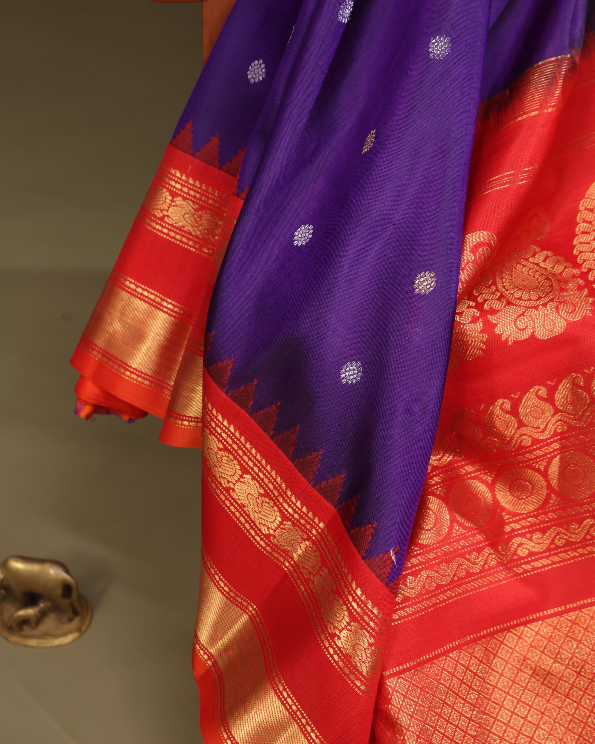 Wedding wear purple Gadwal silk saree with temple motifs