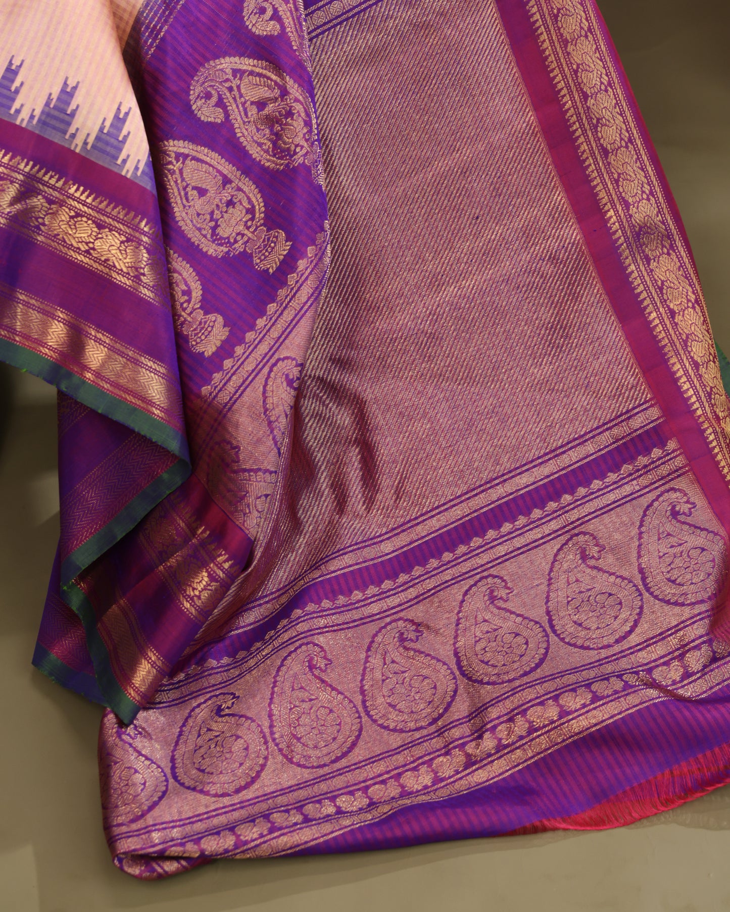 Zari butas and checks on peach Gadwal silk saree