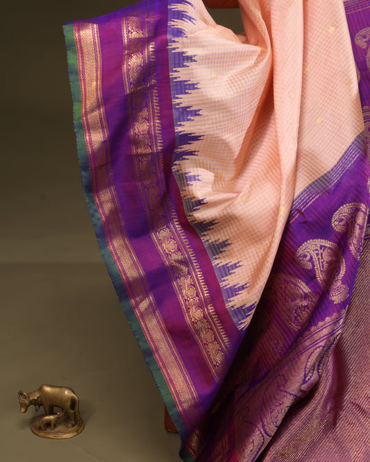 Peach Gadwal silk saree with purple zari border