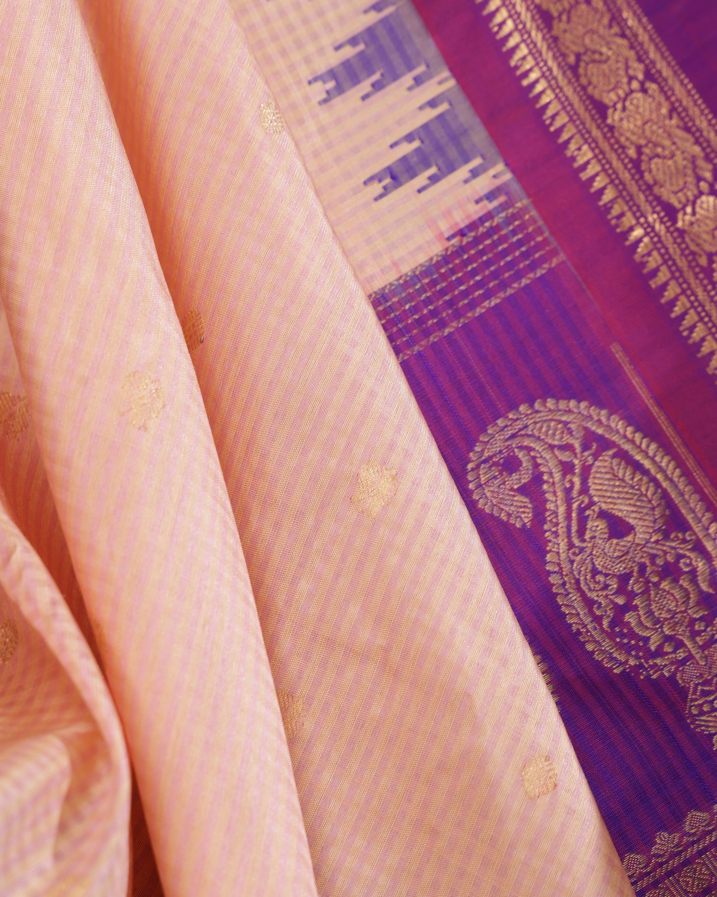 Peach Gadwal Silk Saree with Purple Zari Border and Paisley Pallu
