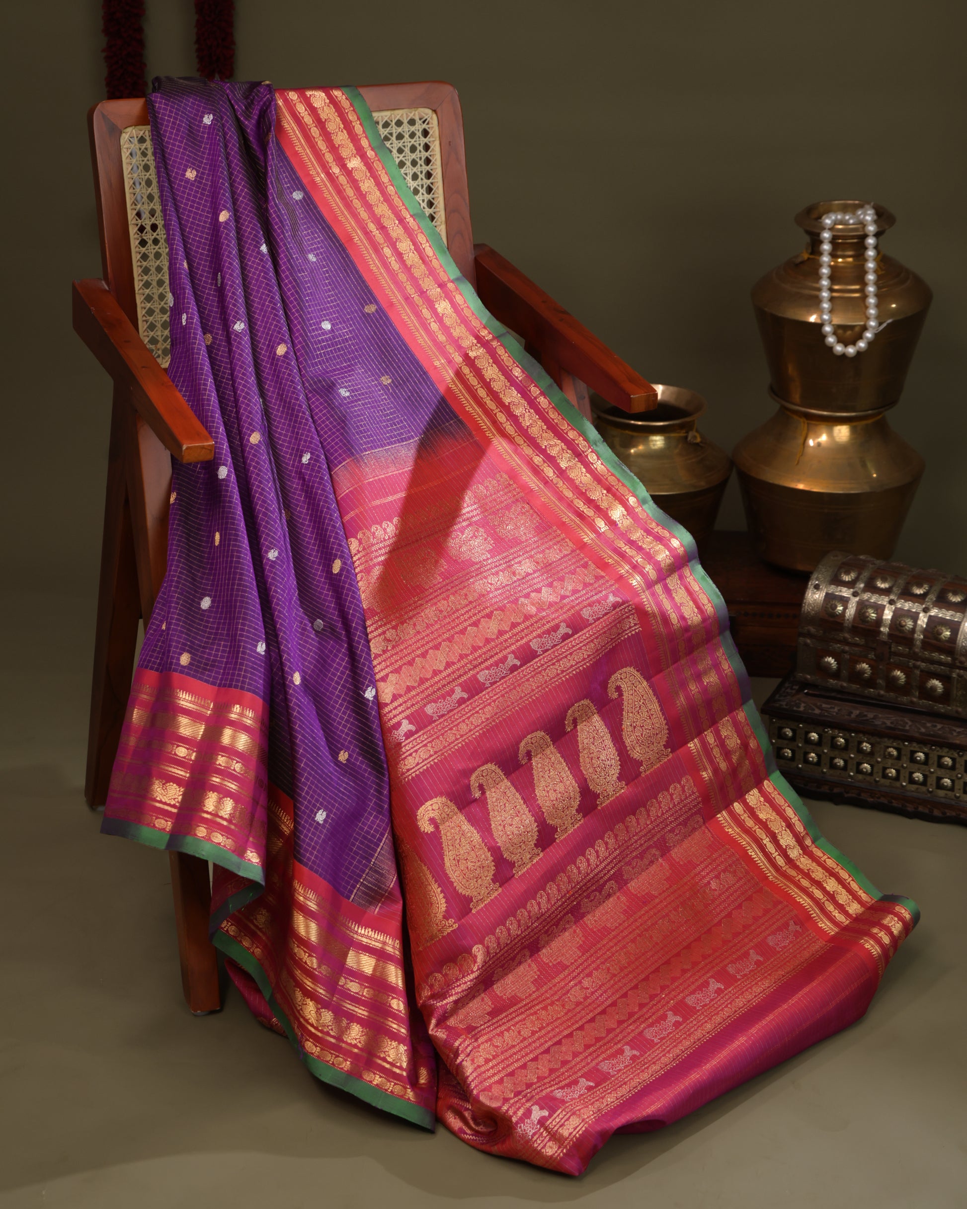 Zari checks and buta motifs on purple Gadwal silk saree