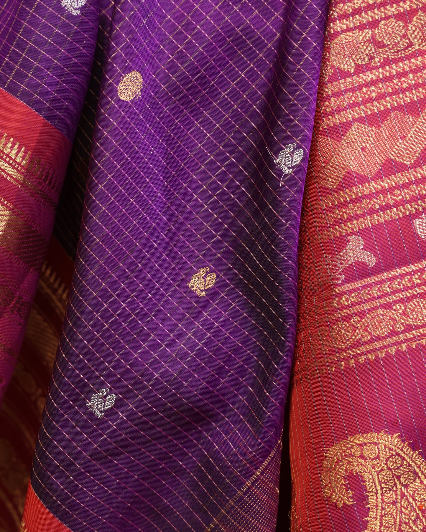 Festive Gadwal silk saree in purple with contrast pink border