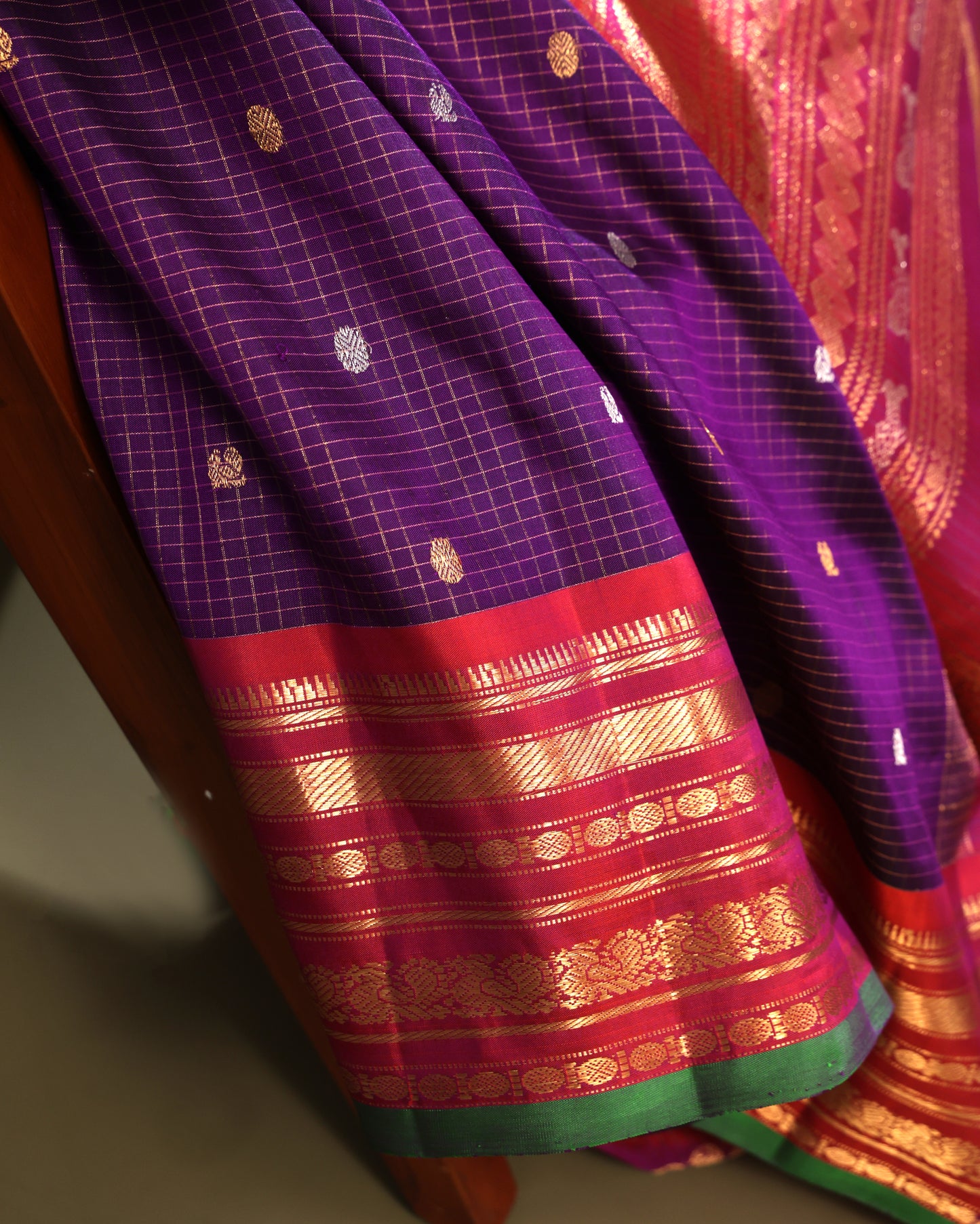 Purple Checks Gadwal Silk Saree with Pink Border and Green Selvedge
