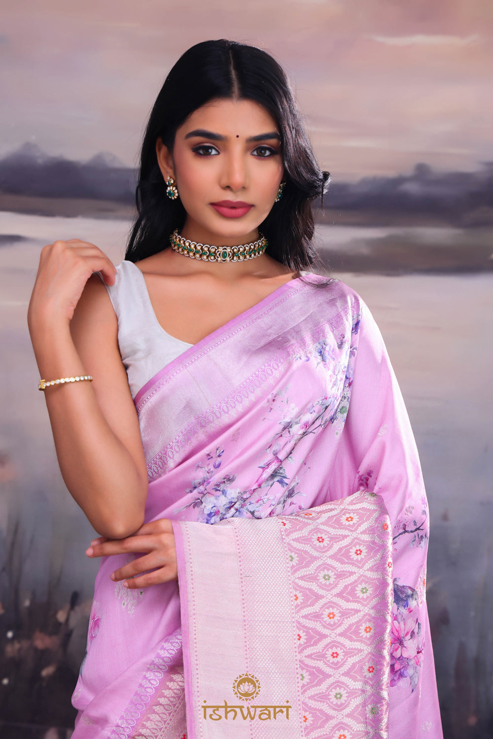 Lilac Floral Print Banarasi Silk Saree