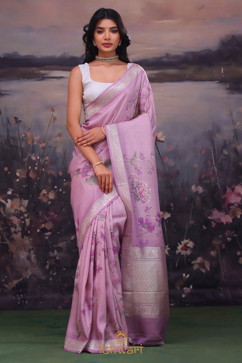 Thistle Purple Digital Print Handloom Tussar Saree