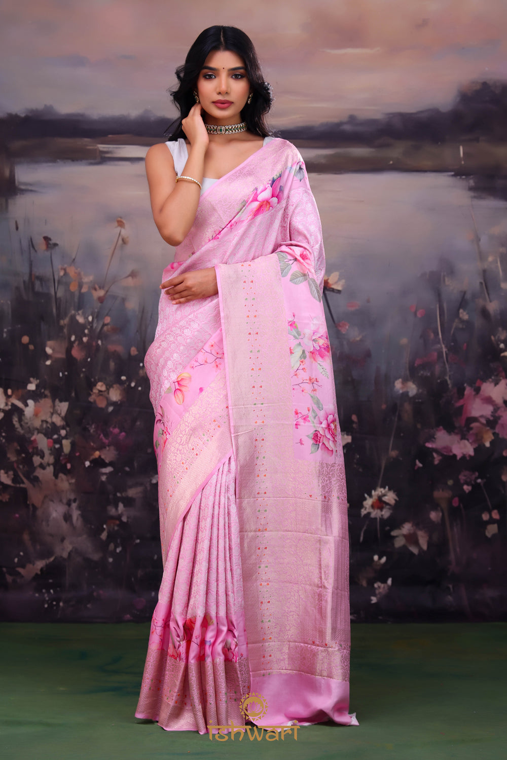 Corfu Pink Floral Print Banarasi Silk Saree