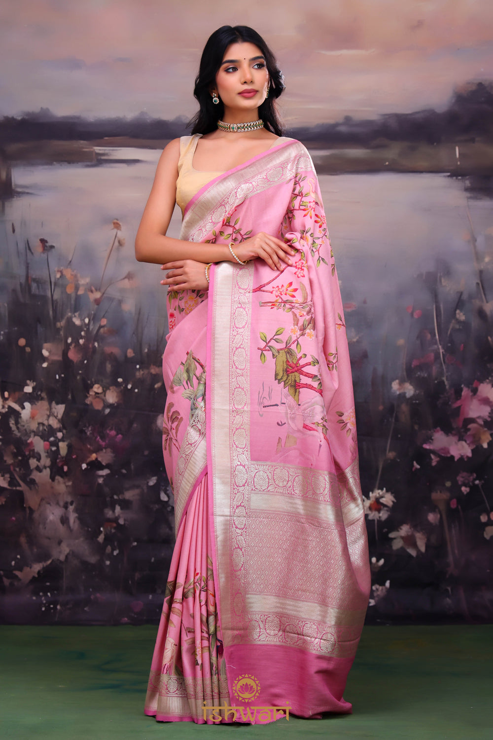 Carnation Pink Floral Print Banarasi Tussar Saree