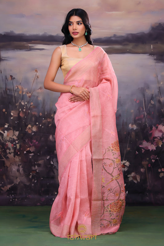 Strawberry Pink Printed Handloom Linen Saree with Embroidery
