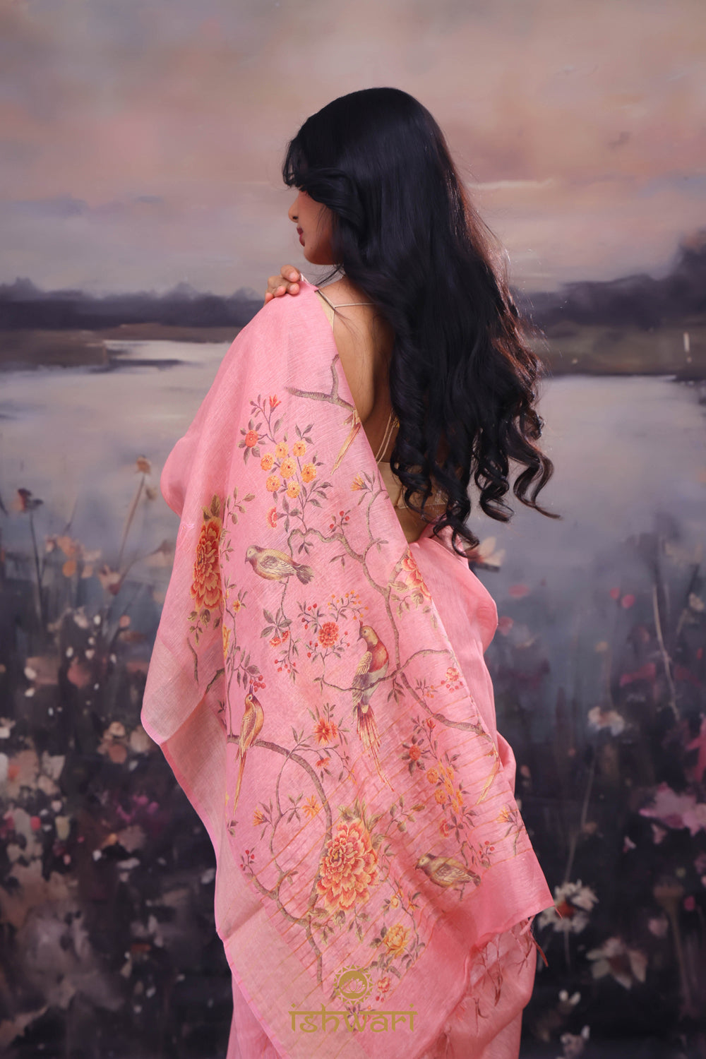 Strawberry Pink Printed Handloom Linen Saree with Embroidery