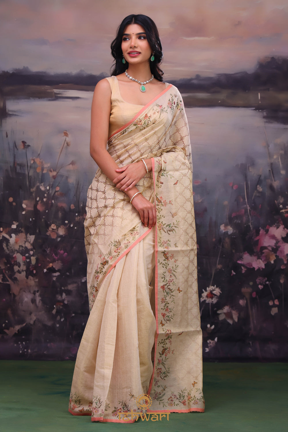 Almond Brown Printed Mul Cotton Saree