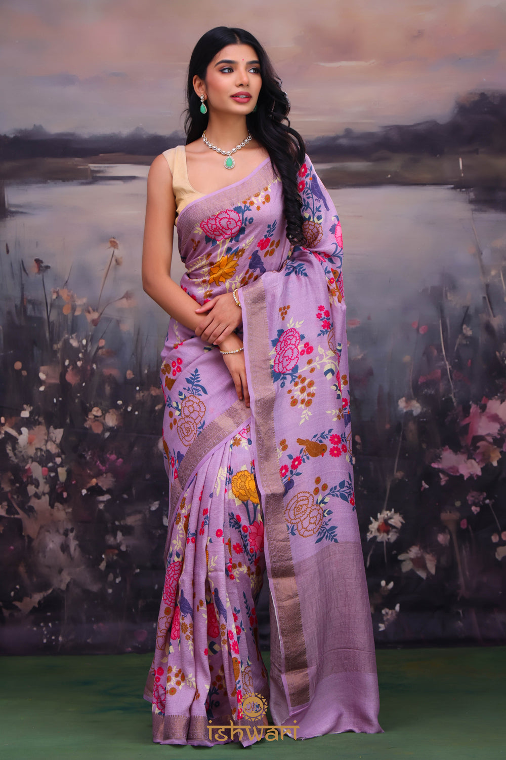 Mauve Printed Handloom Moonga Saree