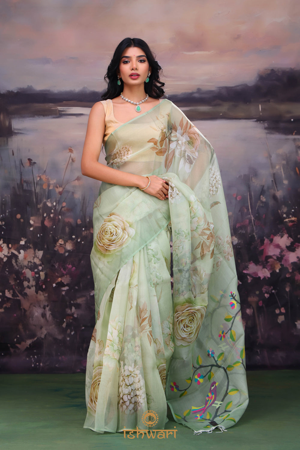 Gin Green Jamdani Print Handloom Kora Cotton Saree