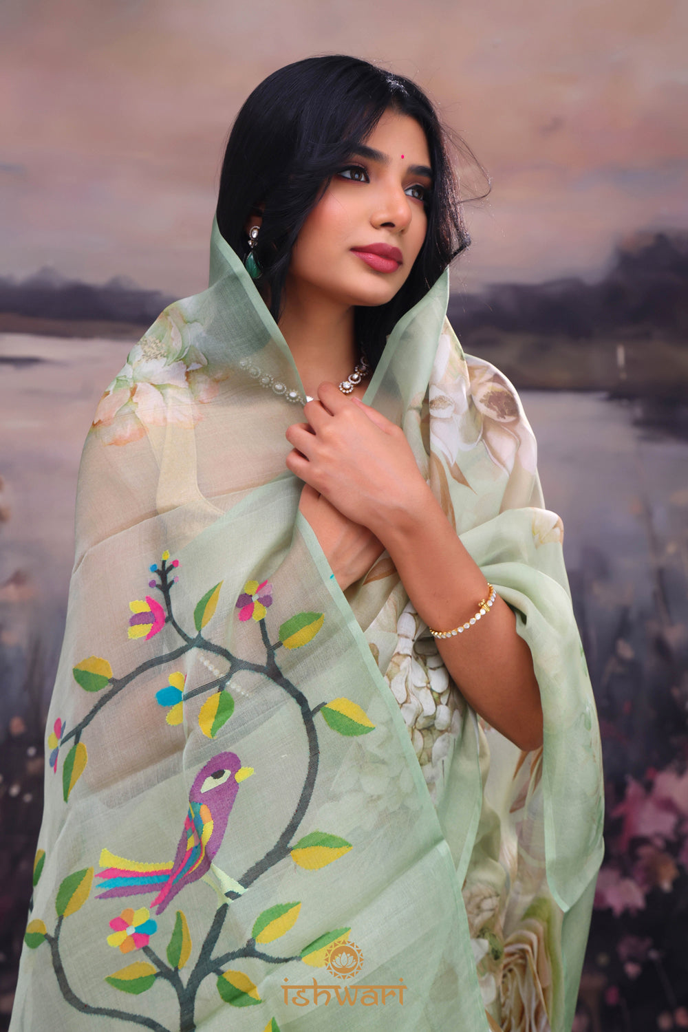 Gin Green Jamdani Print Handloom Kora Cotton Saree