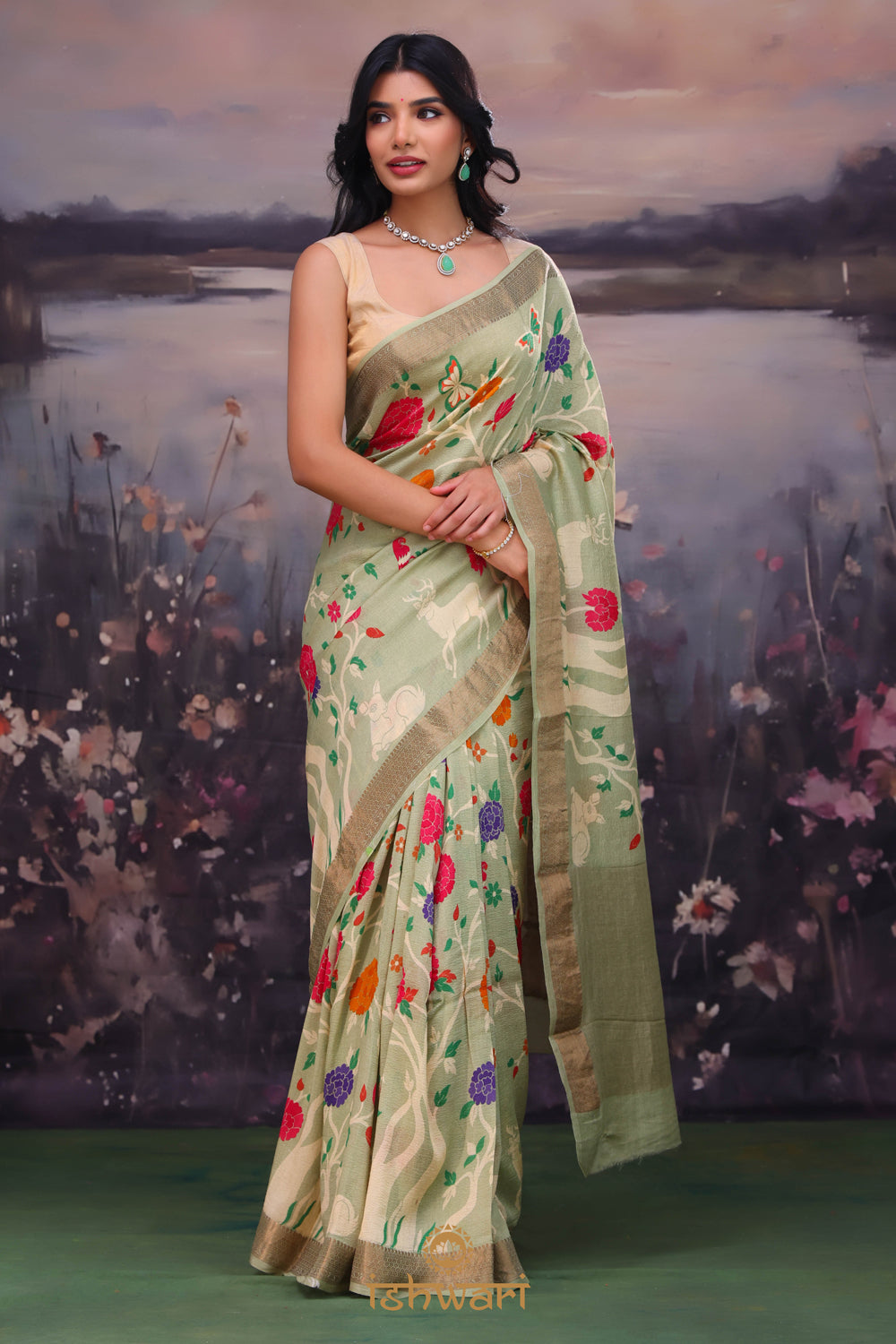 Sage Green Digital Print Moonga Silk Saree