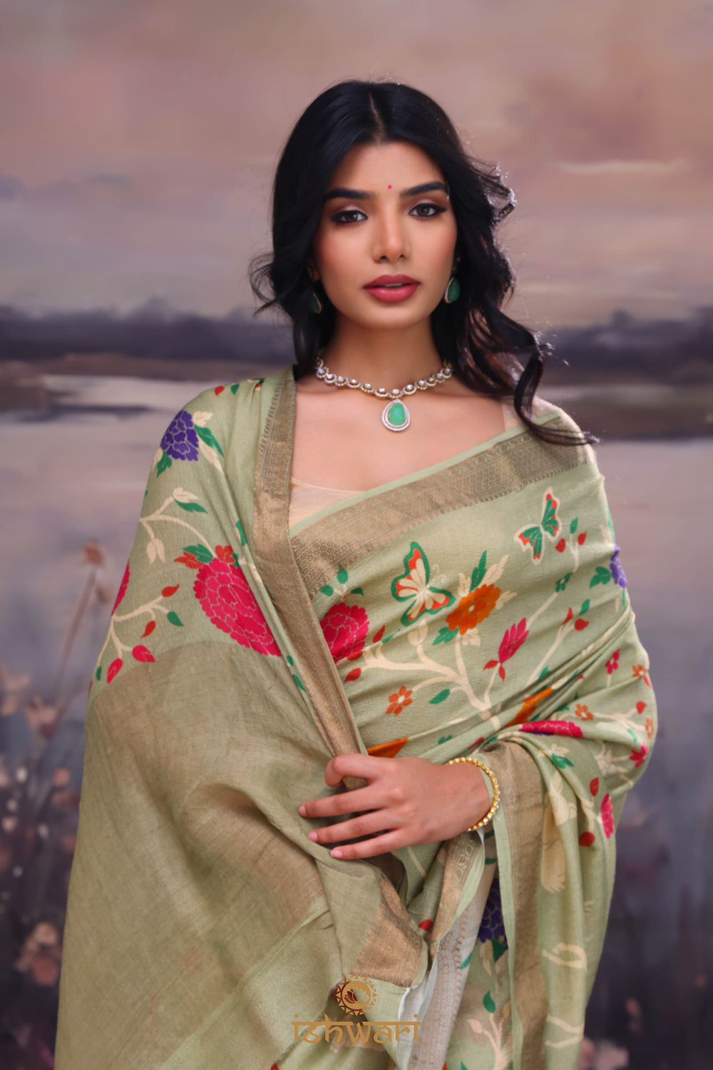 Sage Green Digital Print Moonga Silk Saree